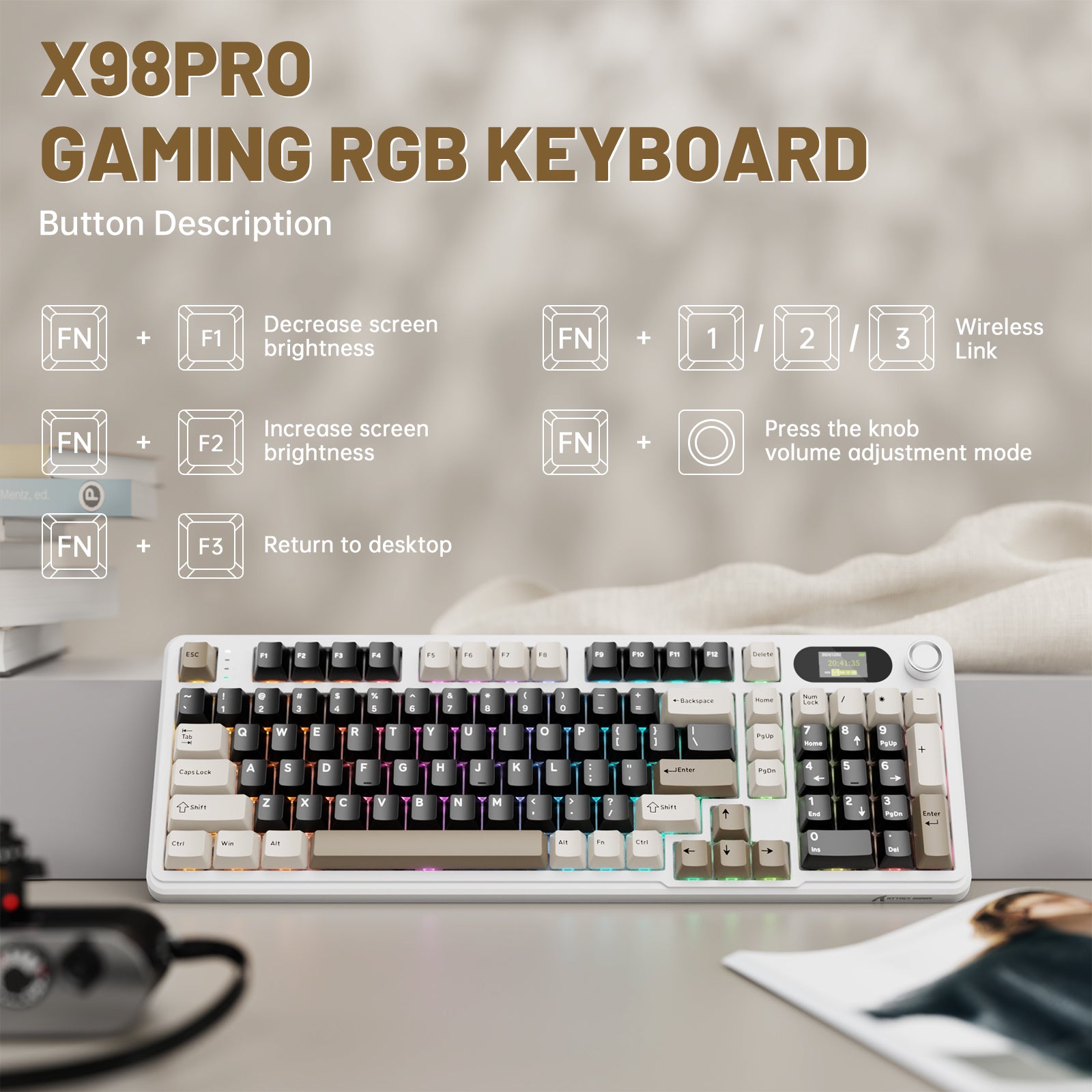 ATTACK SHARK X98PRO Gaming RGB Keyboard, button functions display with LED screen and knob, white frame, for gaming