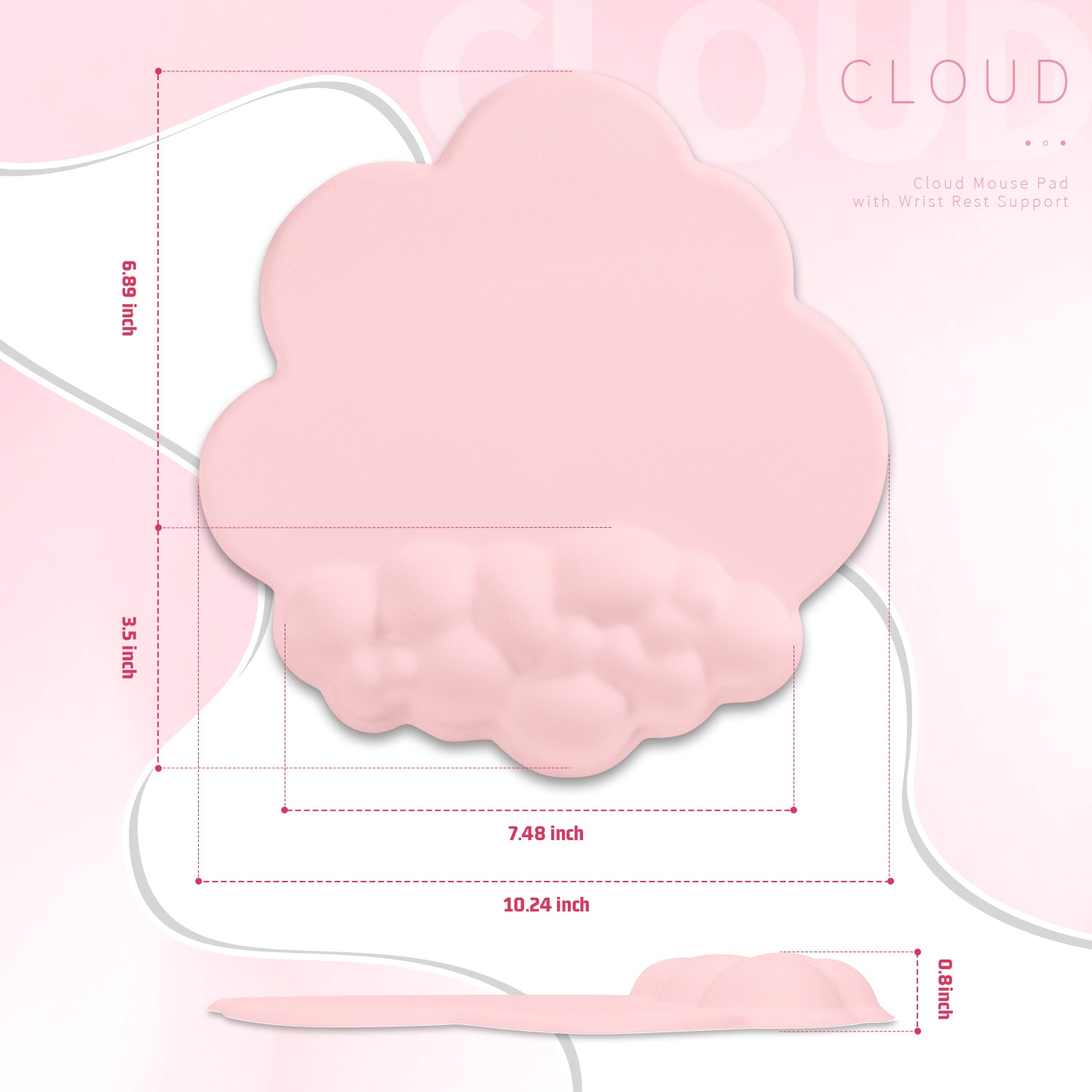 Dimensions of pink cloud-shaped mouse pad with ergonomic wrist support