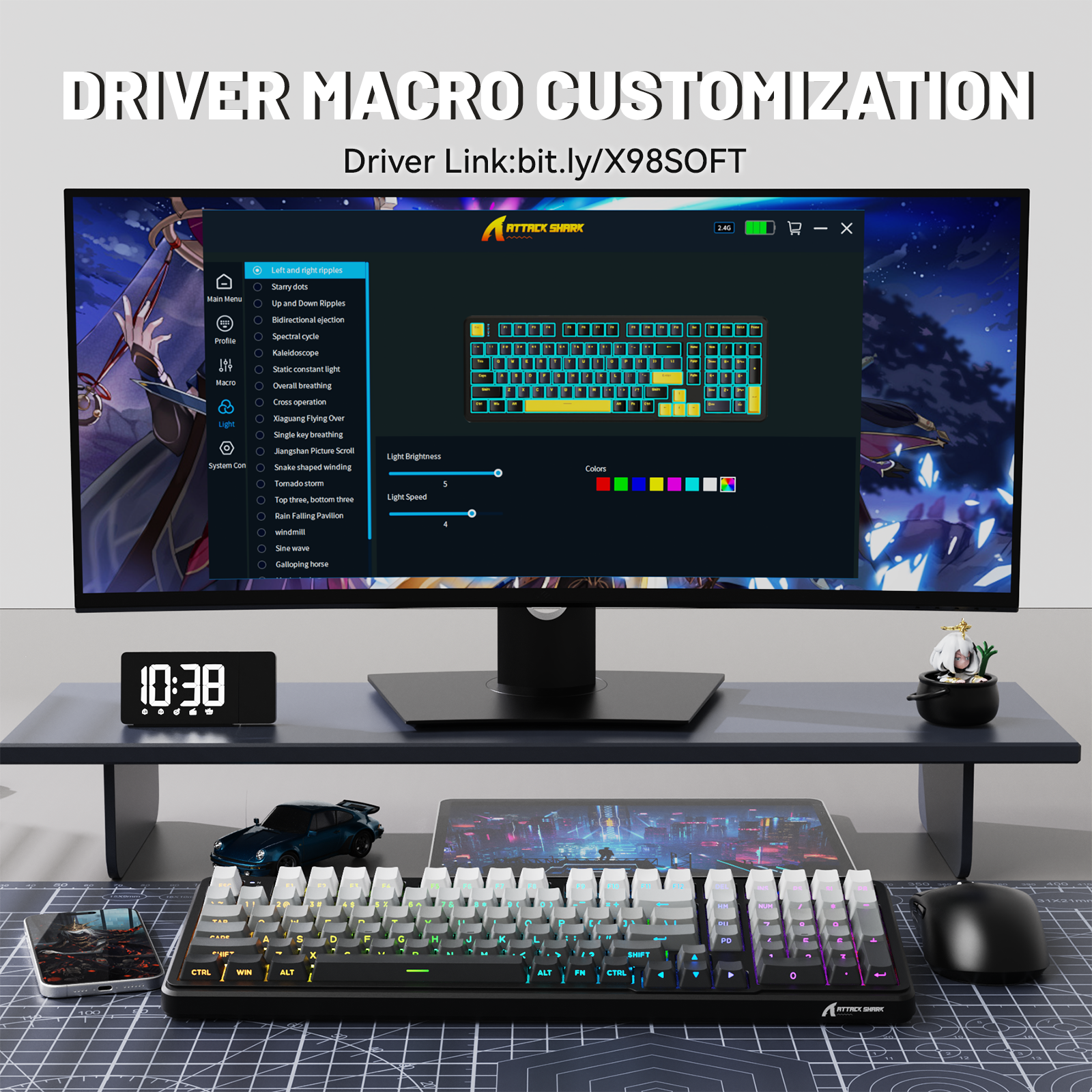 ATTACK SHARK X98 keyboard driver: macro customization and RGB lighting settings displayed on screen.
