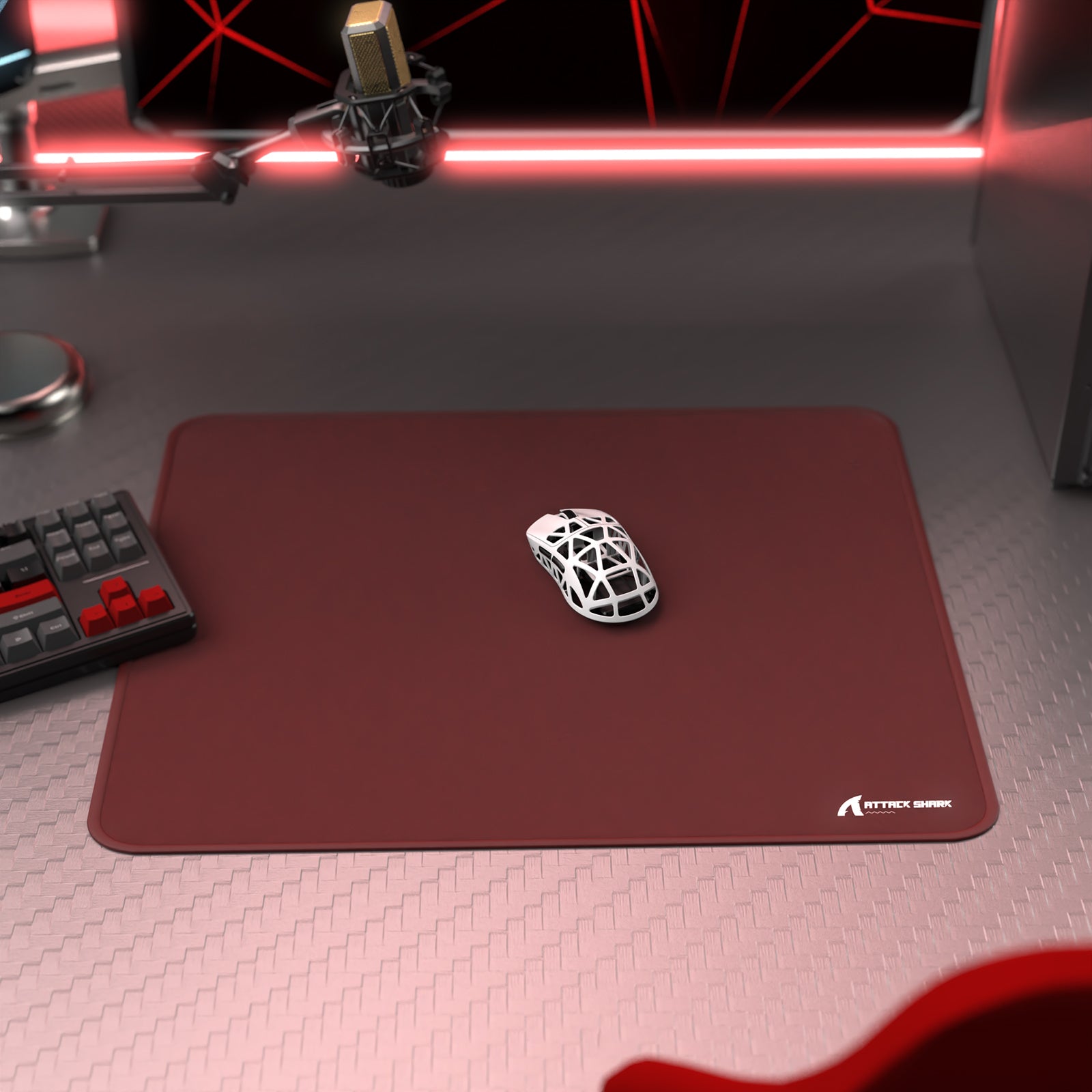 ATTACK SHARK CM02 mousepad setup with gaming mouse, keyboard, and microphone. eSports gear.