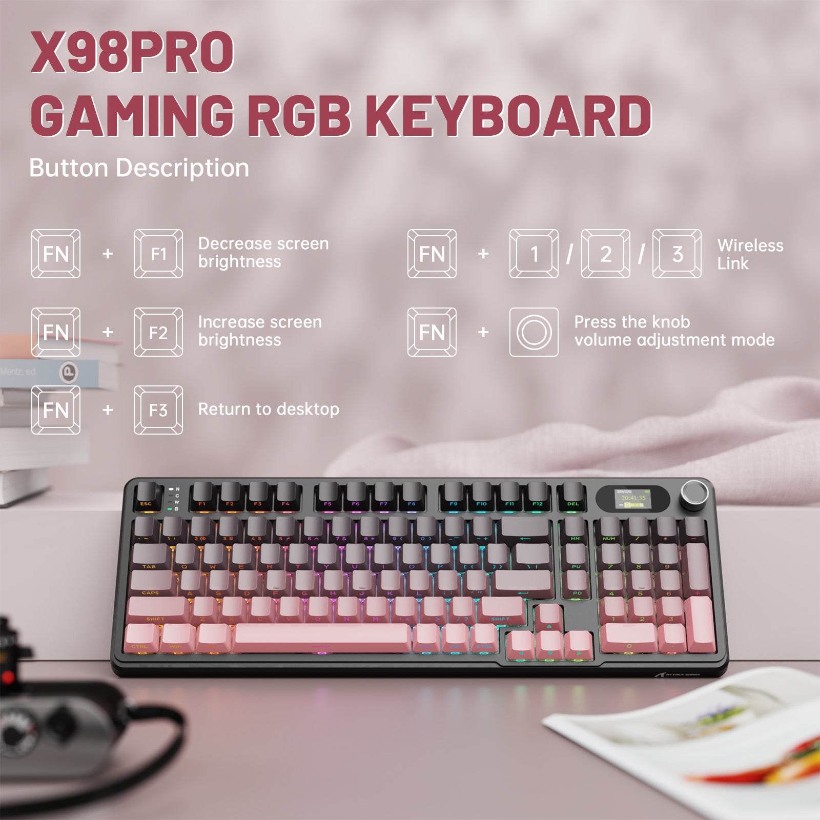 ATTACK SHARK X98PRO gaming keyboard, pink keycaps, LED screen, button functions display (FN + F1, F2, F3, 1/2/3, knob)