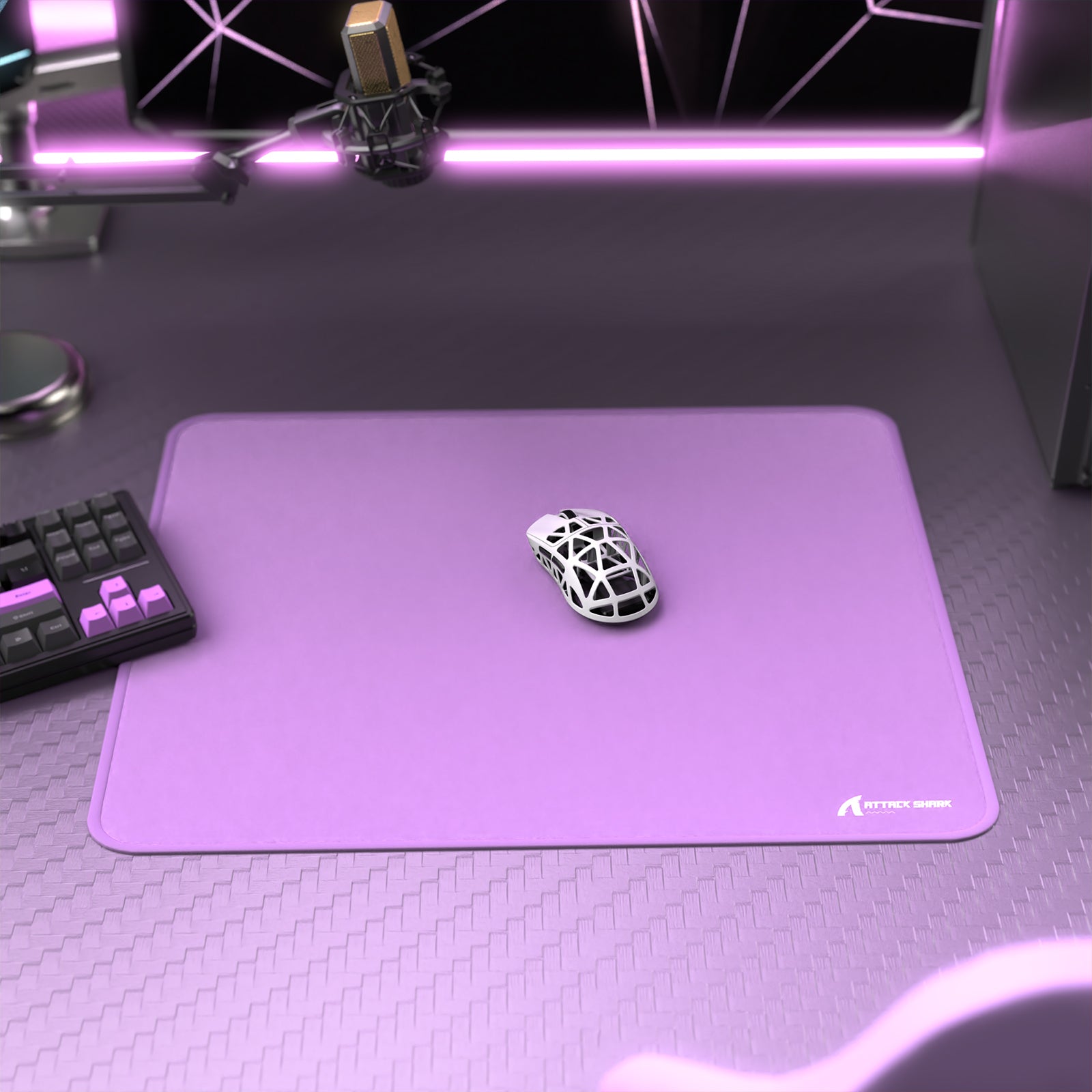 ATTACK SHARK CM02 purple mousepad with white gaming mouse and keyboard, eSports gaming gear
