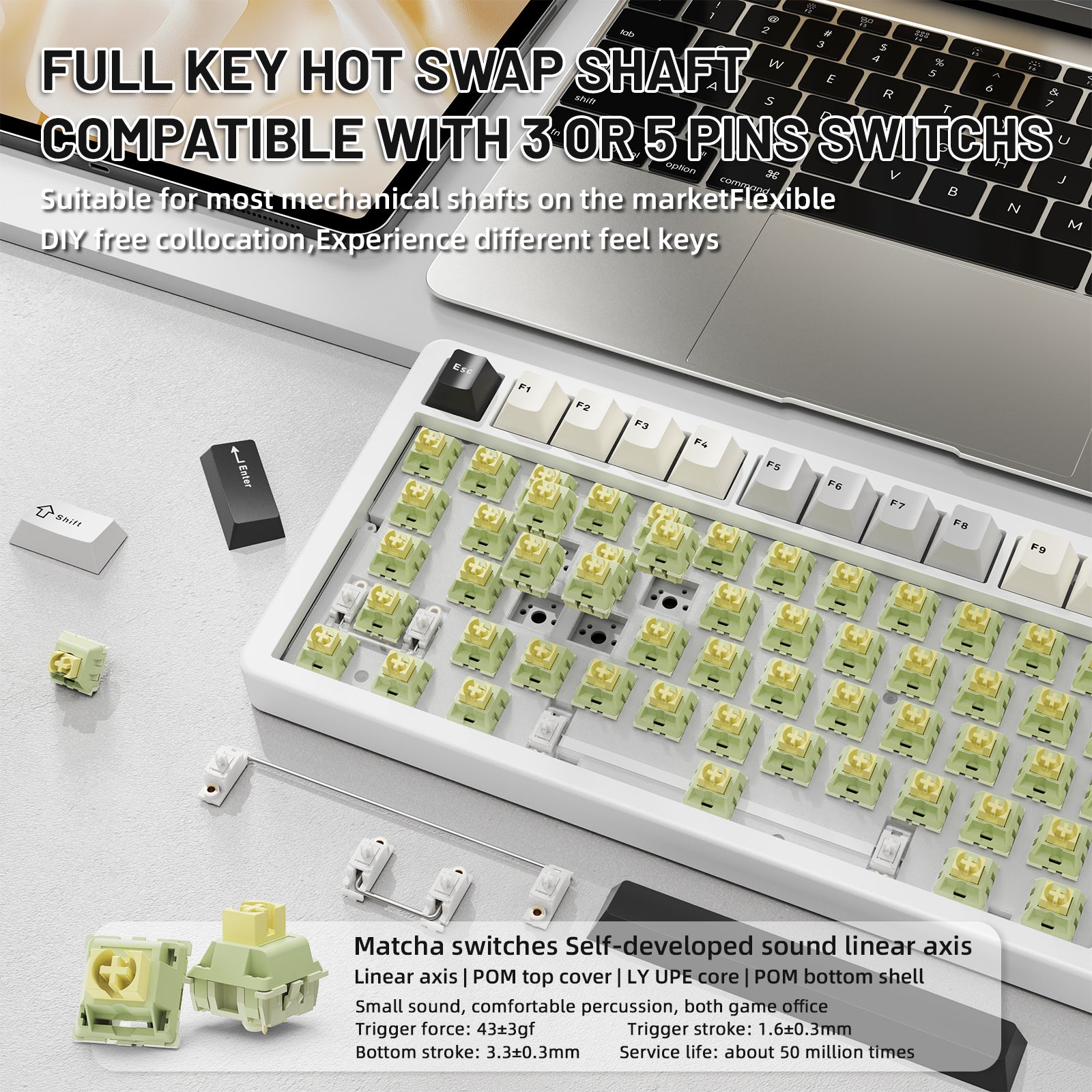 ATTACK SHARK X86 mechanical keyboard showing hot-swappable Matcha switches, compatible with 3/5 pin.