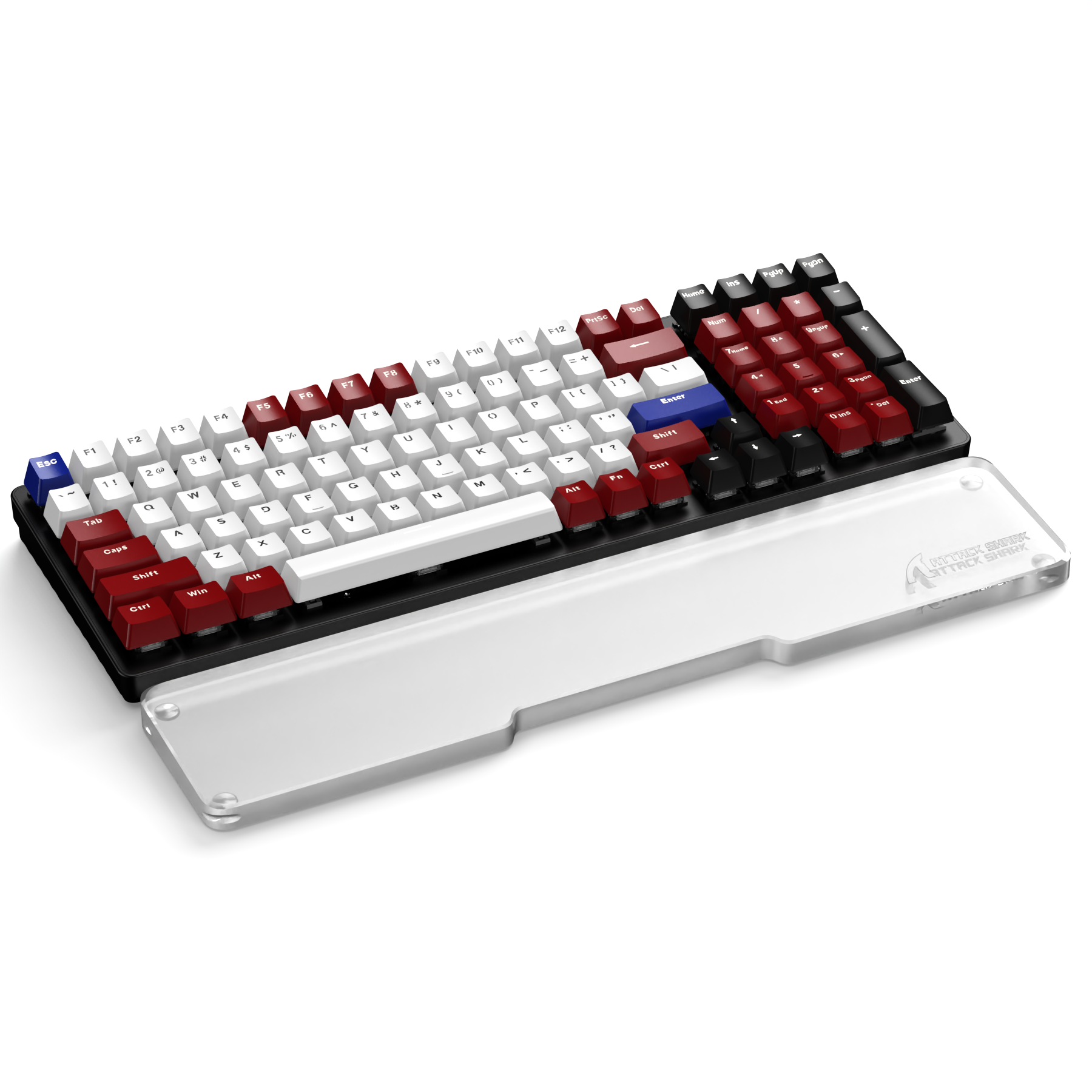 Red and white mechanical keyboard with clear acrylic wrist rest for ergonomic support.