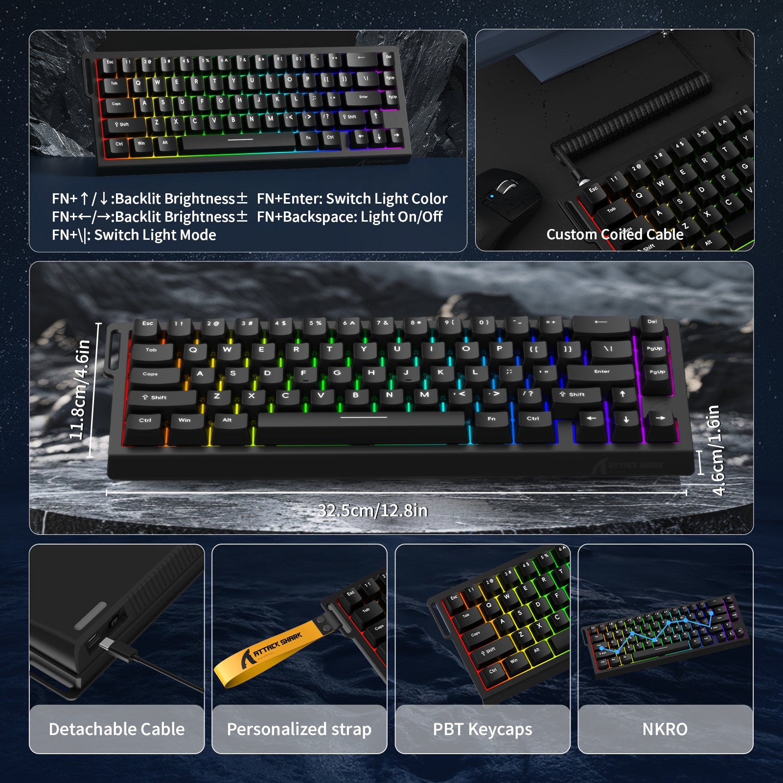 ATTACK SHARK X68 HE gaming keyboard. Features RGB, coiled cable, PBT keycaps, and dimensions. Rapid Trigger performance.