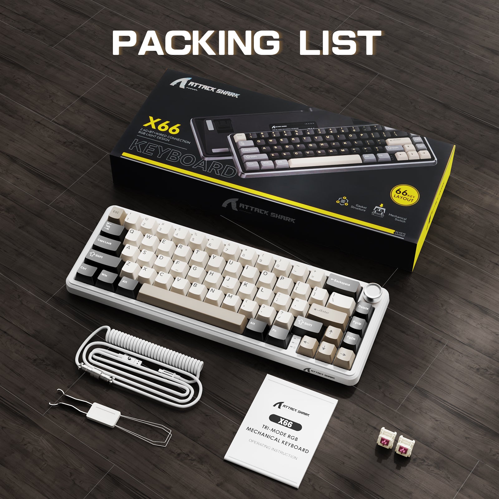 ATTACK SHARK X66 mechanical keyboard packing list with accessories: keyboard, coiled cable, keycaps, and manual.