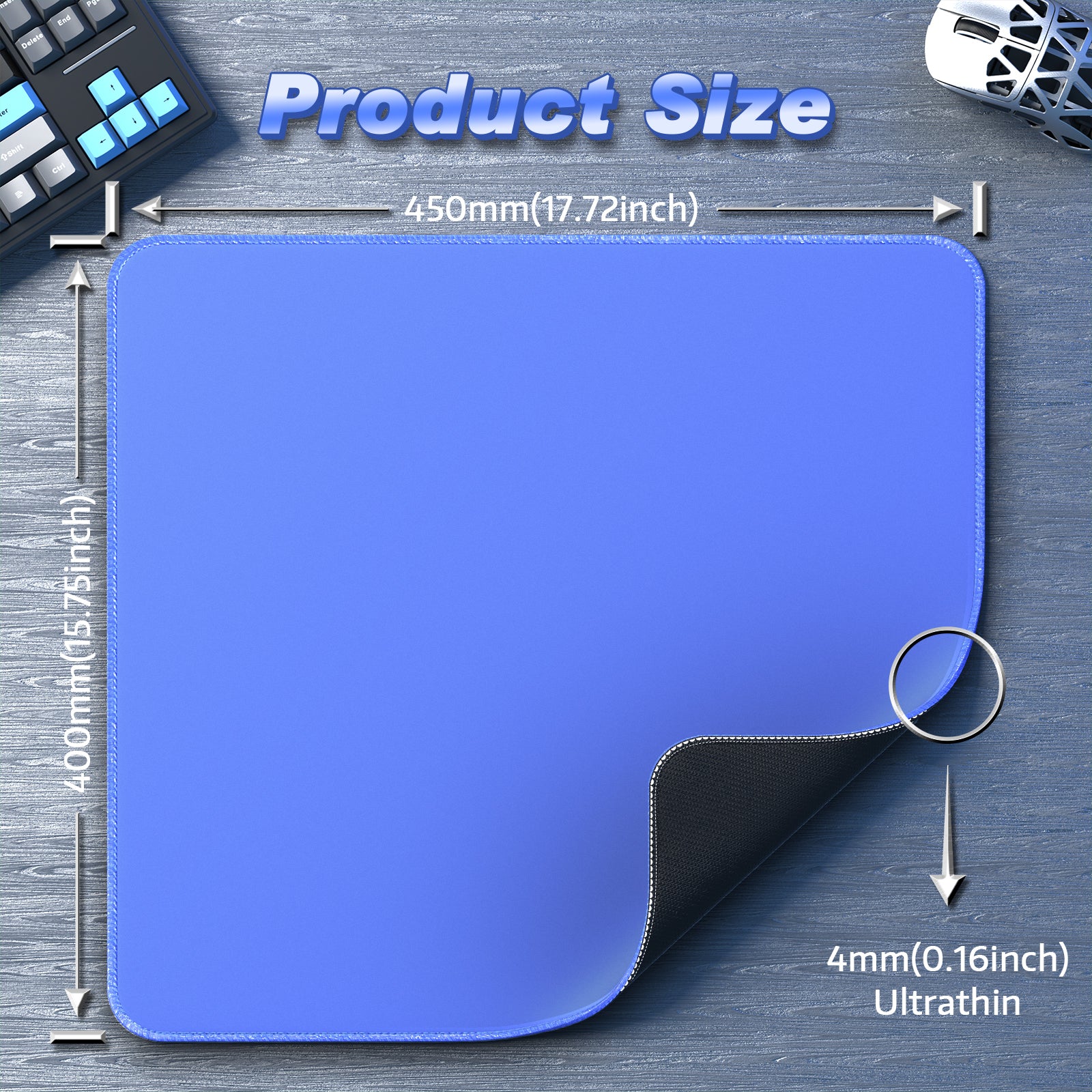 ATTACK SHARK CM02 Gaming Mousepad product size displayed, 450mm x 400mm, 4mm ultrathin design, blue esports mousepad.