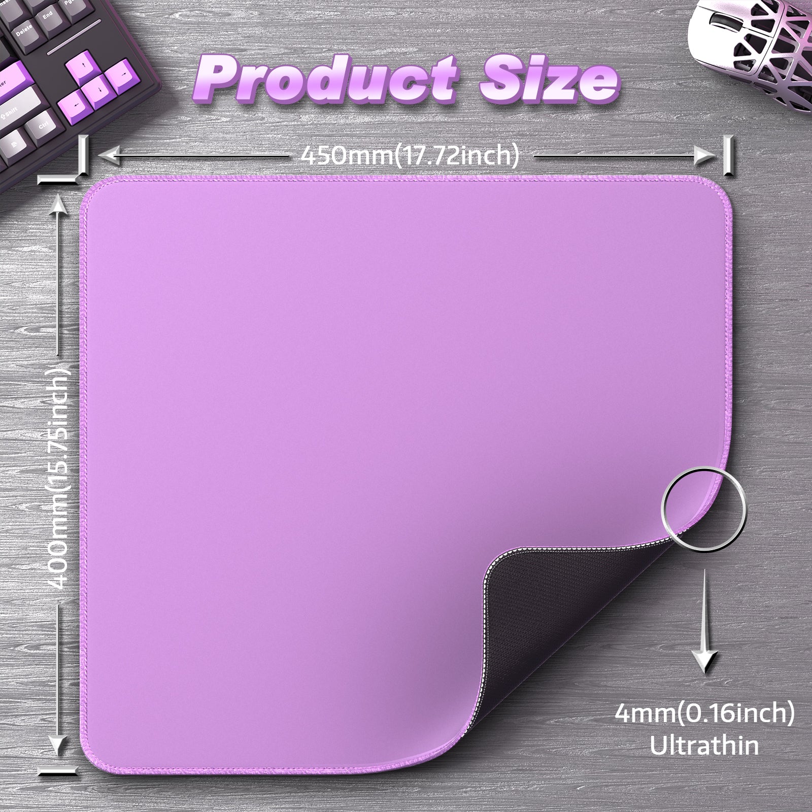 Attack Shark CM02 Gaming Mousepad product size: 450mm x 400mm, ultrathin 4mm profile, purple surface.