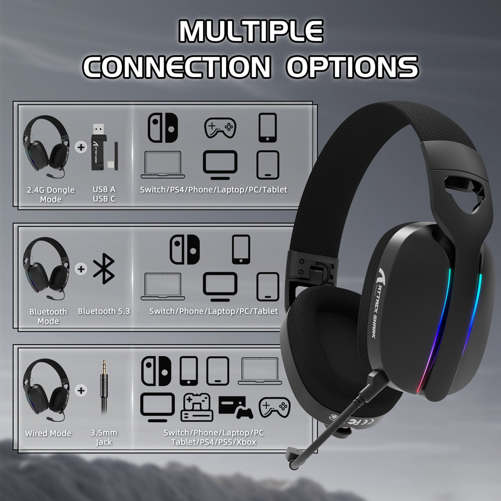 ATTACK SHARK L90 gaming headset: Multiple connection options, including 2.4G, Bluetooth 5.3, and 3.5mm jack.