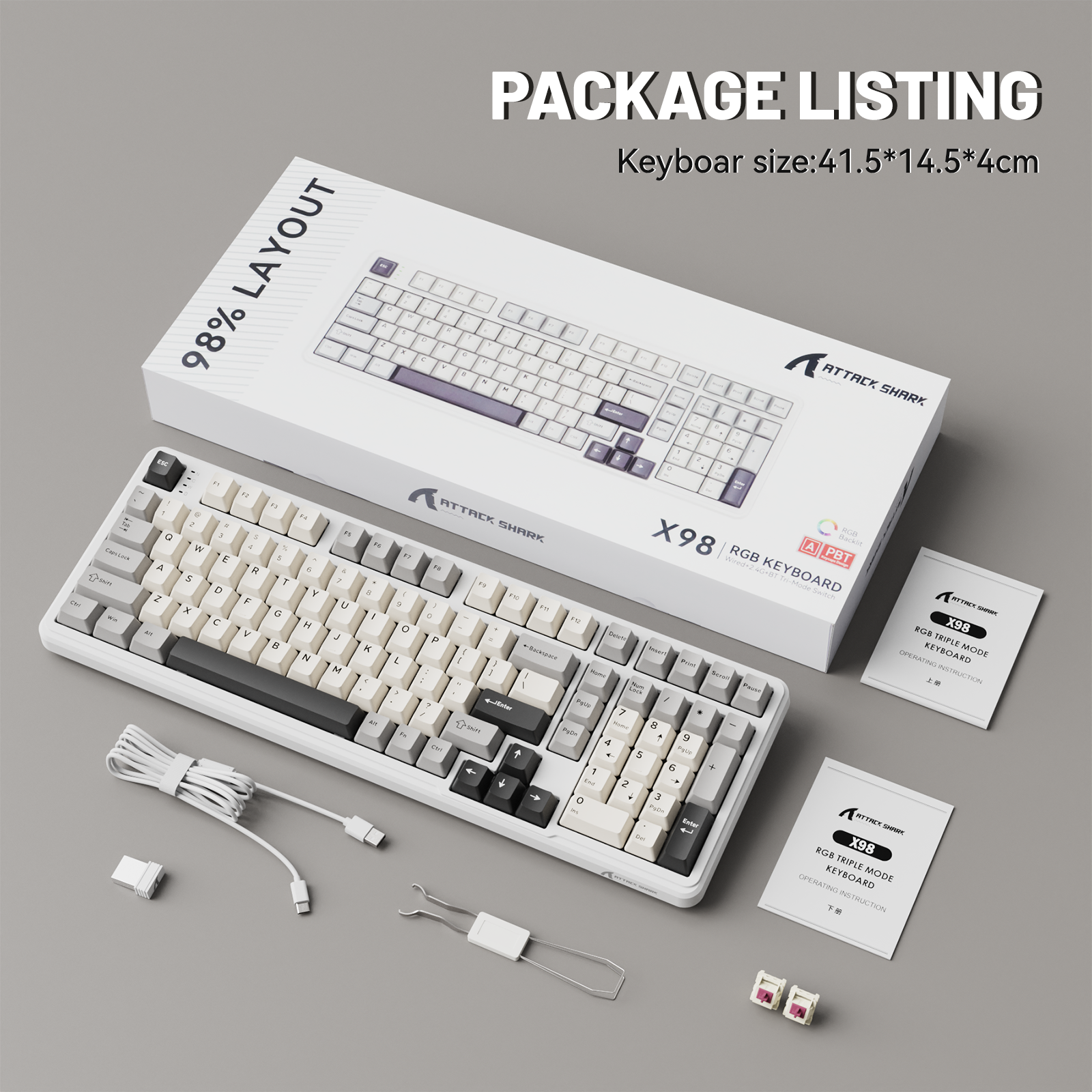 ATTACK SHARK X98 Keyboard package listing, 98% layout, included accessories