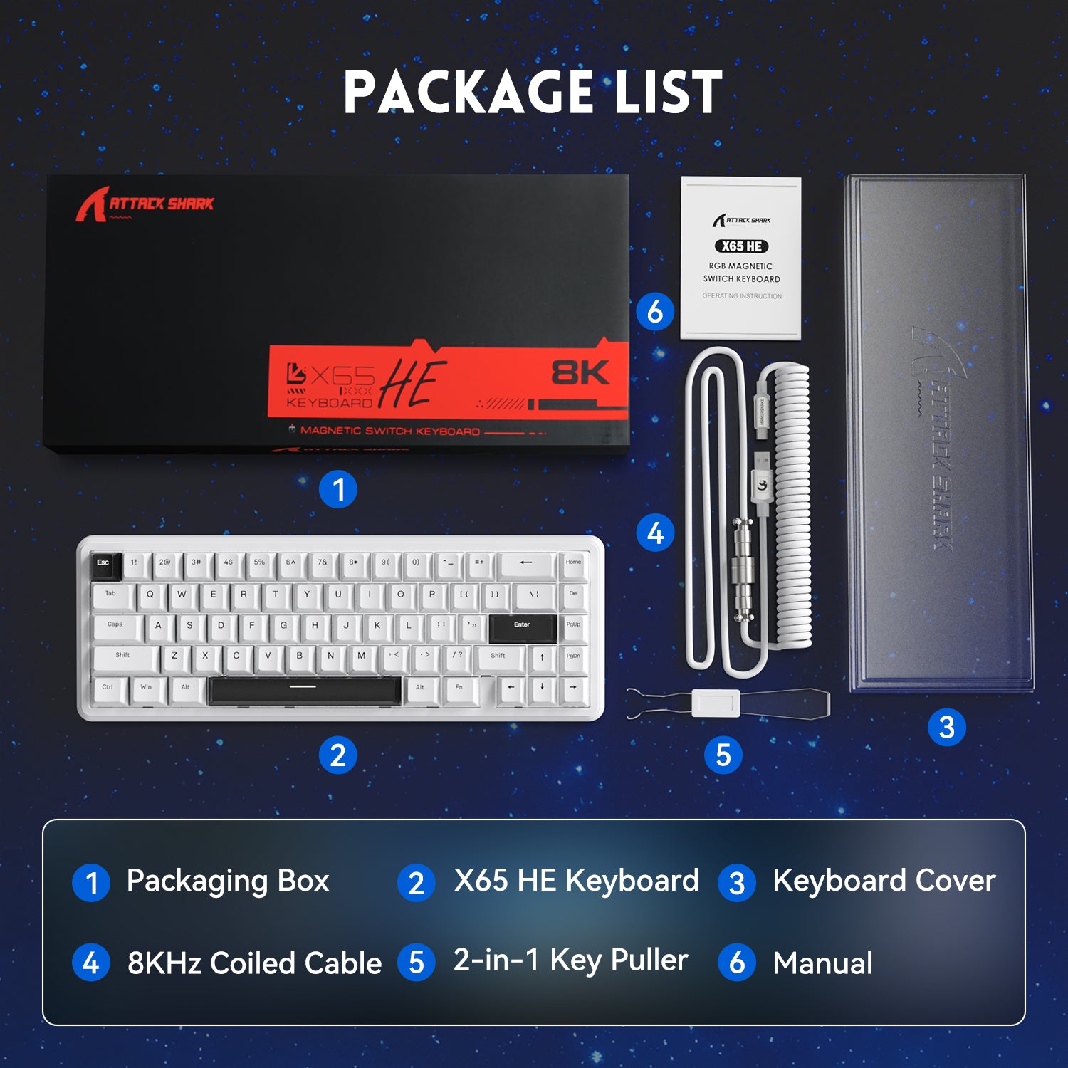 ATTACK SHARK X65 HE keyboard package contents: Packaging box, 60% keyboard, coiled cable, key puller, manual and cover.