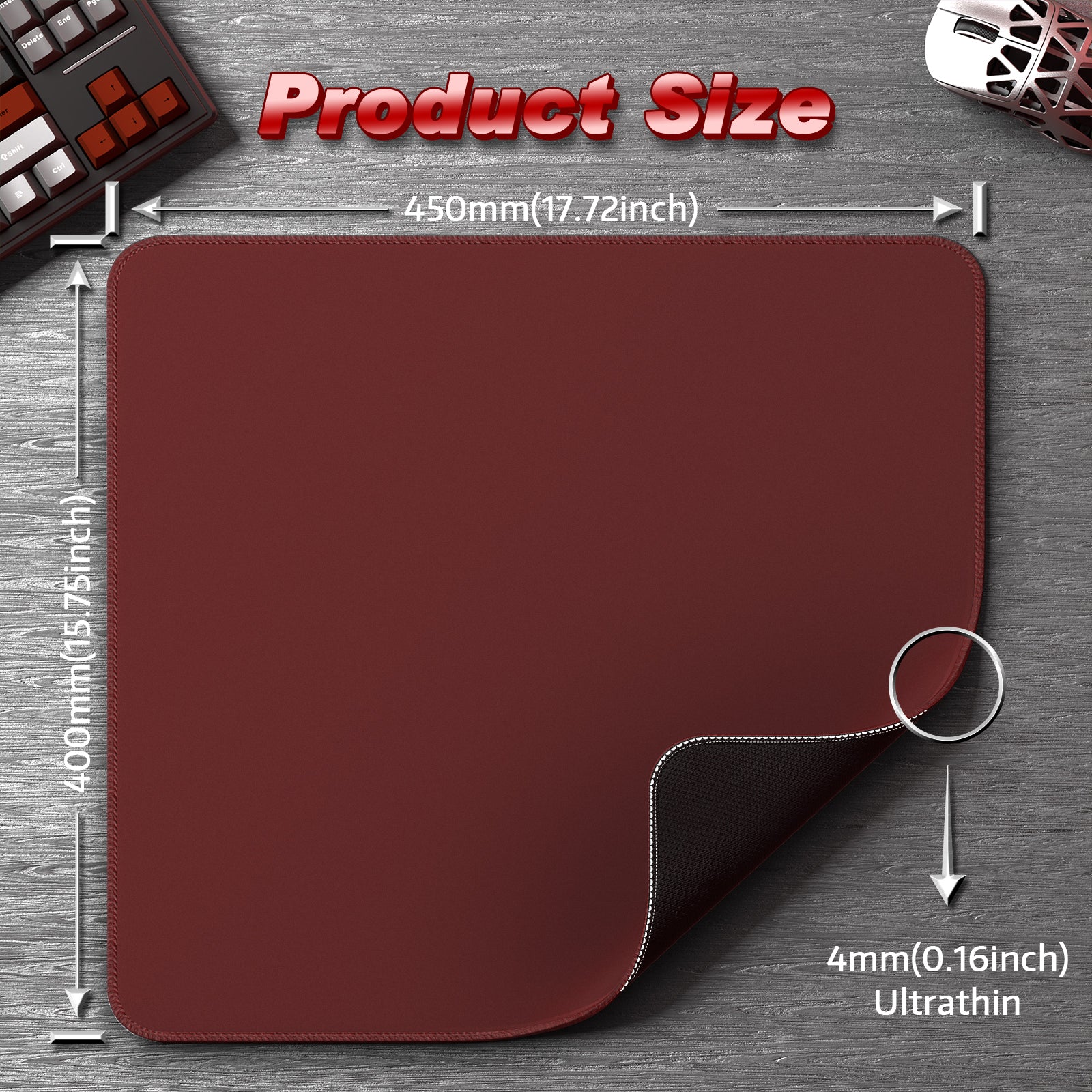 ATTACK SHARK CM02 mousepad dimensions, 450mm x 400mm, ultrathin 4mm profile, burgundy surface