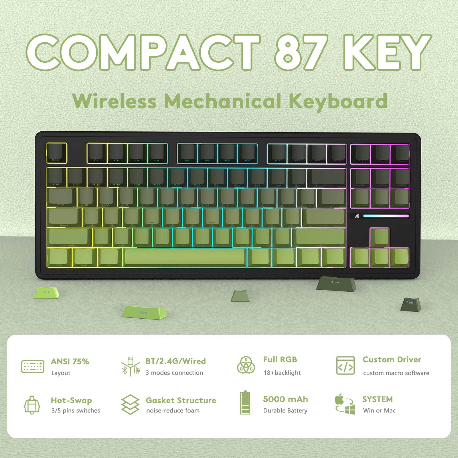 ATTACK SHARK M87PRO Wireless Mechanical Keyboard, 87-key layout, RGB, gasket structure, and multiple connection modes.