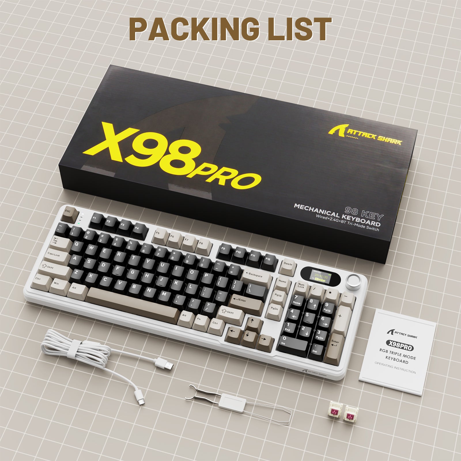 ATTACK SHARK X98PRO mechanical keyboard packing list, including white frame, keycaps, accessories, and LED screen.