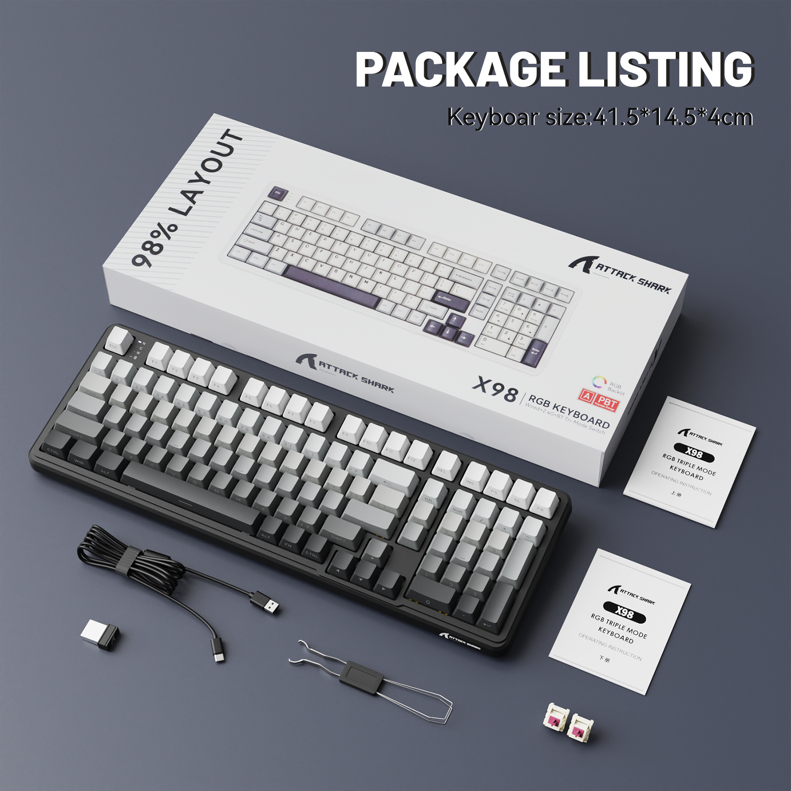 ATTACK SHARK X98 keyboard package listing with 98% layout, PBT keycaps, RGB lighting, and included accessories.