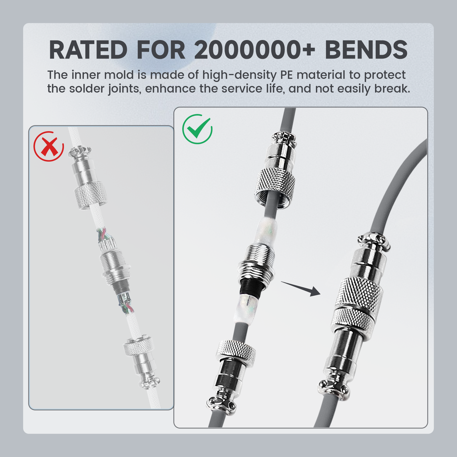 ATTACK SHARK Aviator Cable durability, rated for 2000000+ bends, high-density PE inner mold, for mechanical keyboards