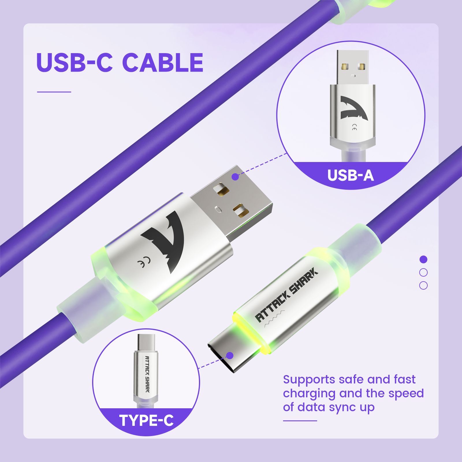 ATTACK SHARK USB-C Aviator Cable, purple cable, featuring USB-A and USB-C connectors. Supports fast charging and data sync.