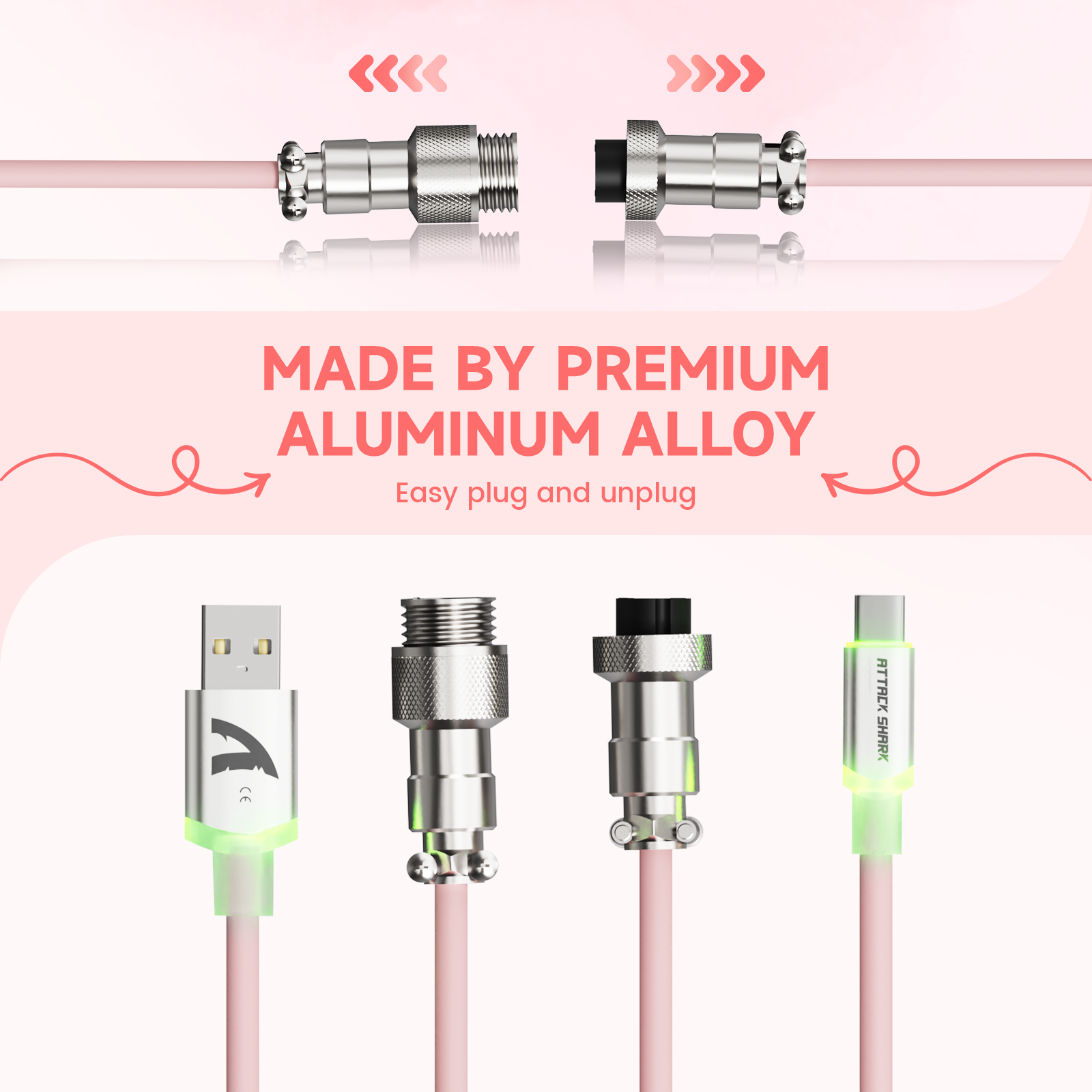 ATTACK SHARK Custom Aviator Cable featuring premium aluminum alloy connector with easy plug & unplug design, pink cable