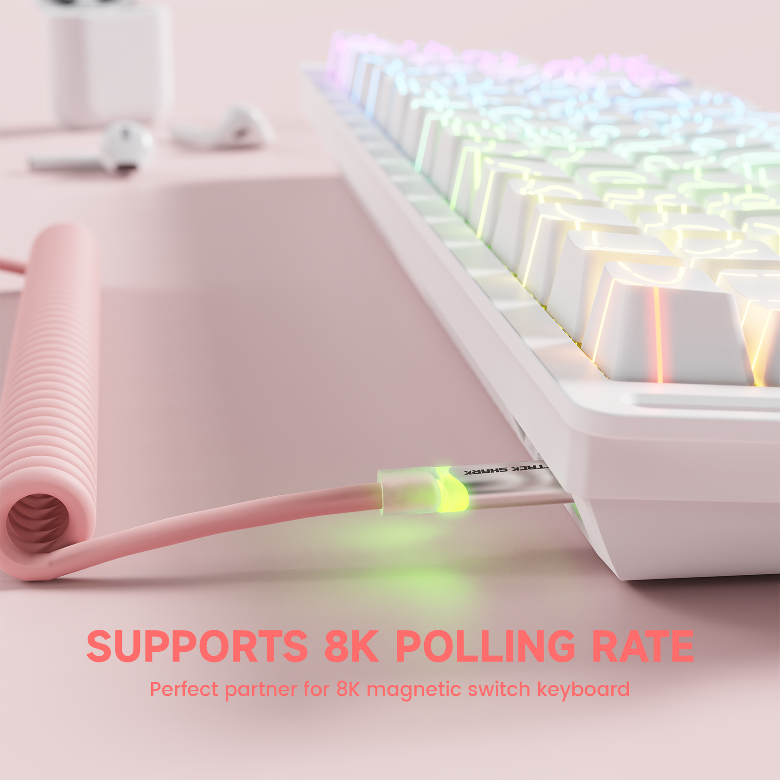ATTACK SHARK C01Ultra pink coiled USB-C cable connected to a white mechanical keyboard, supporting 8K polling rate