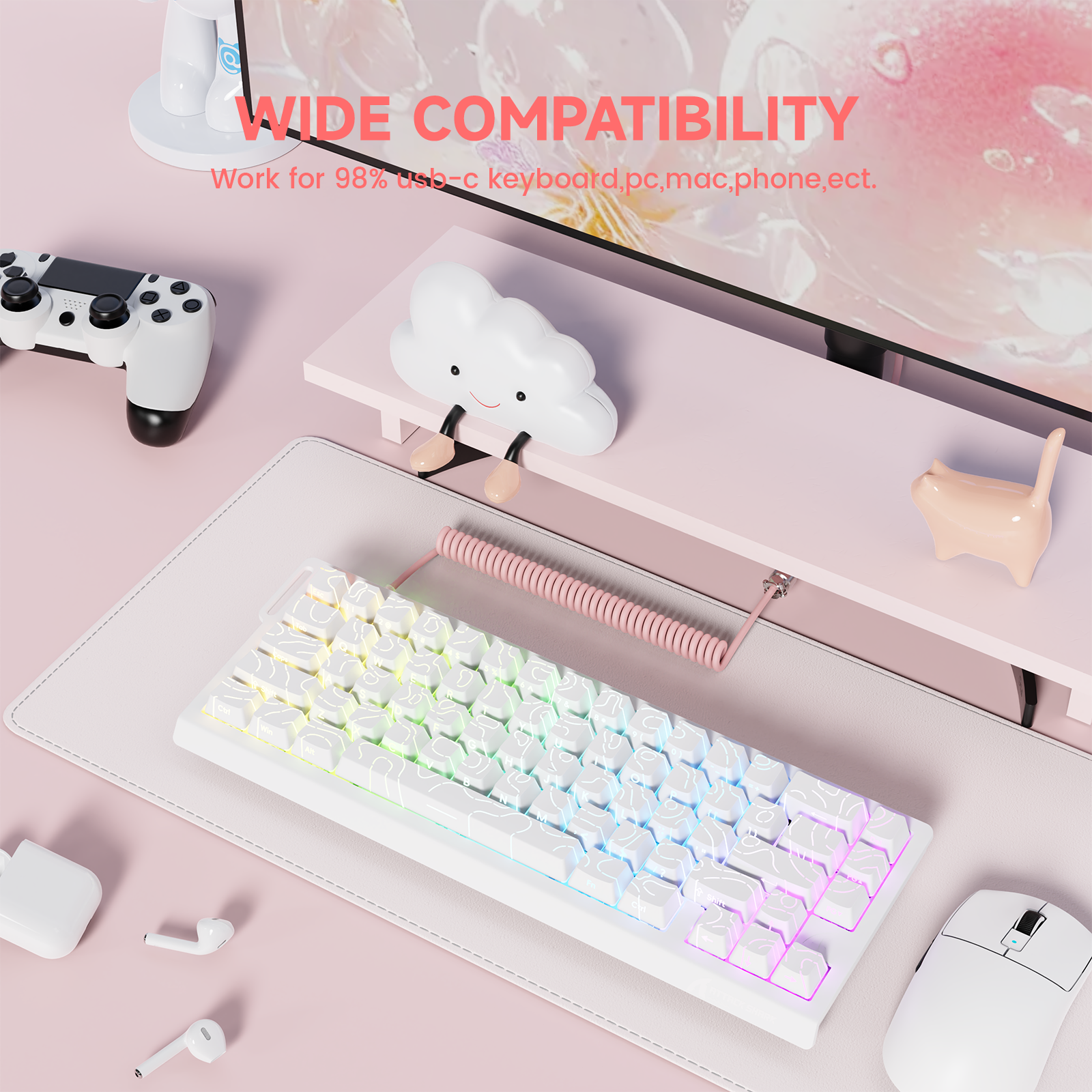 ATTACK SHARK C01Ultra mechanical keyboard, white, pink aviator cable, wide compatibility.