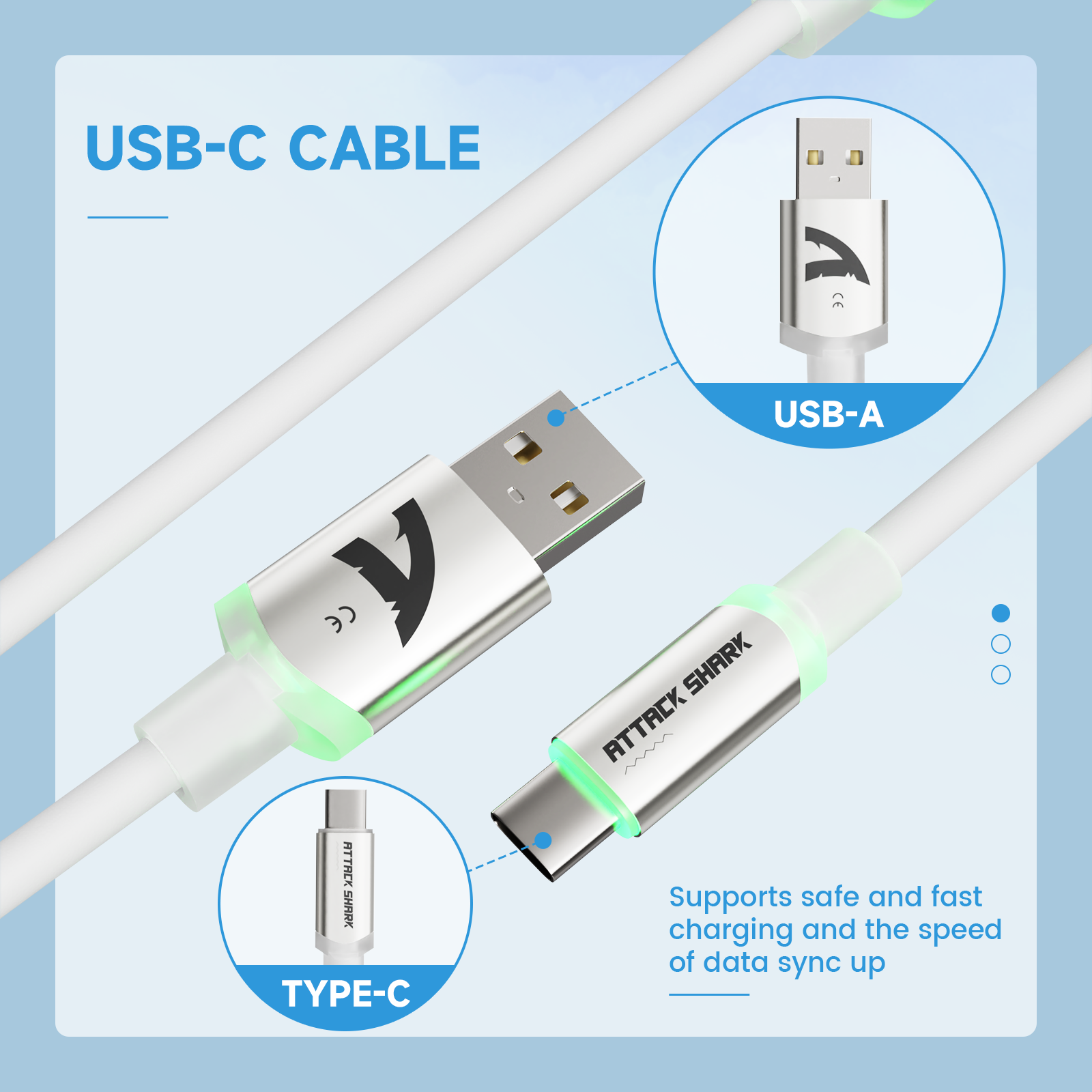 ATTACK SHARK USB-C Cable with metal connectors and LED, supports fast charging and data sync for mechanical gaming keyboards.