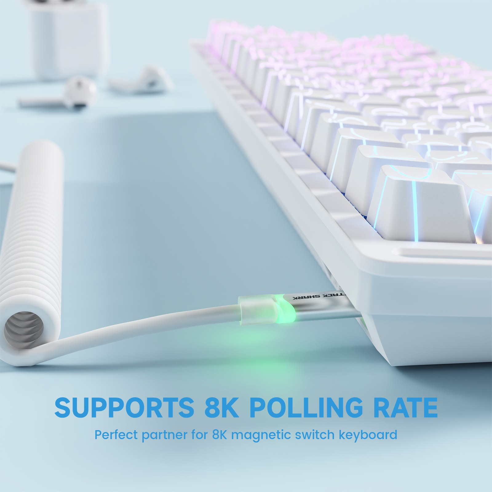 ATTACK SHARK C01Ultra white coiled USB-C cable, supporting 8K polling rate for magnetic switch keyboards