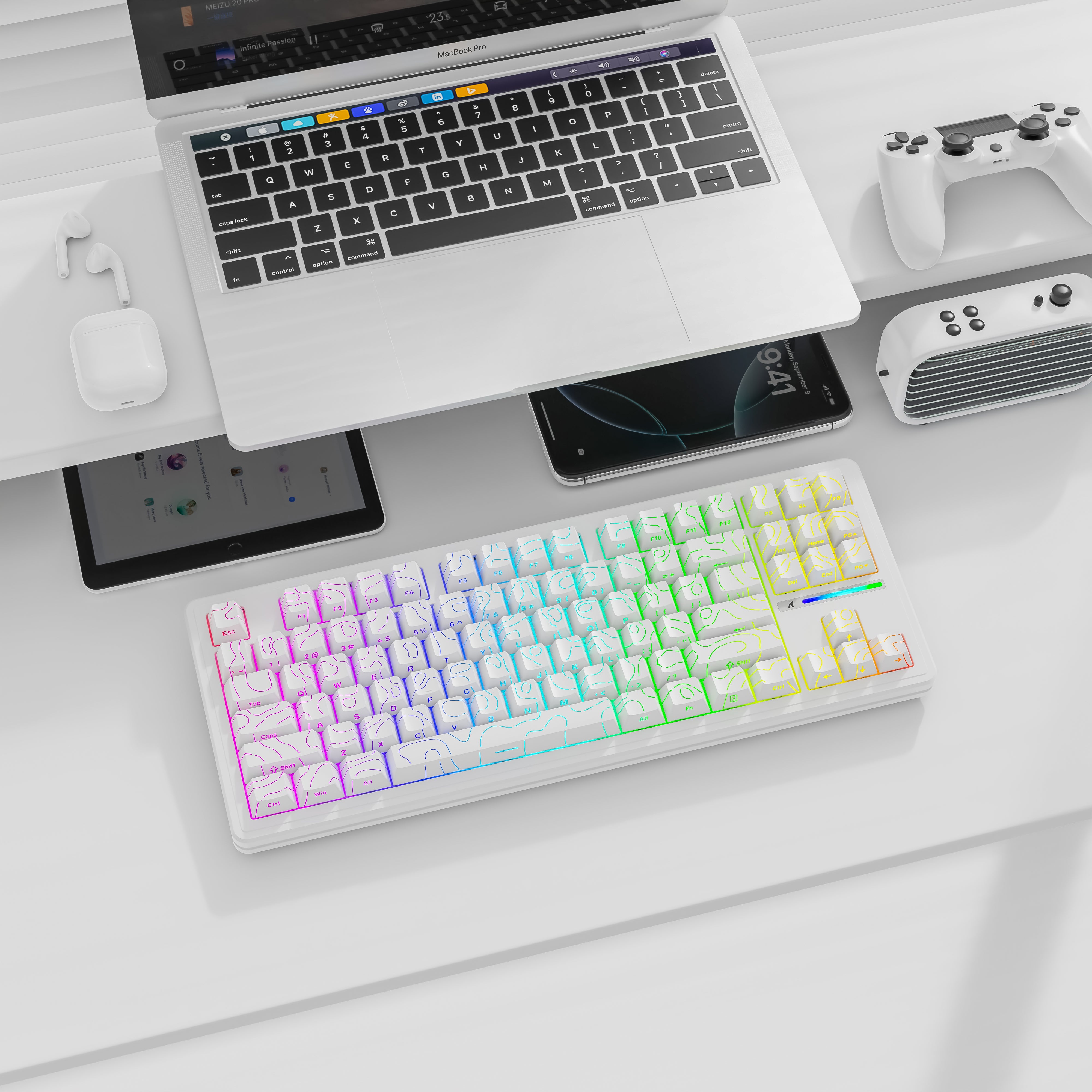 ATTACK SHARK M87PRO wireless keyboard with RGB lighting and PBT keycaps, gaming setup
