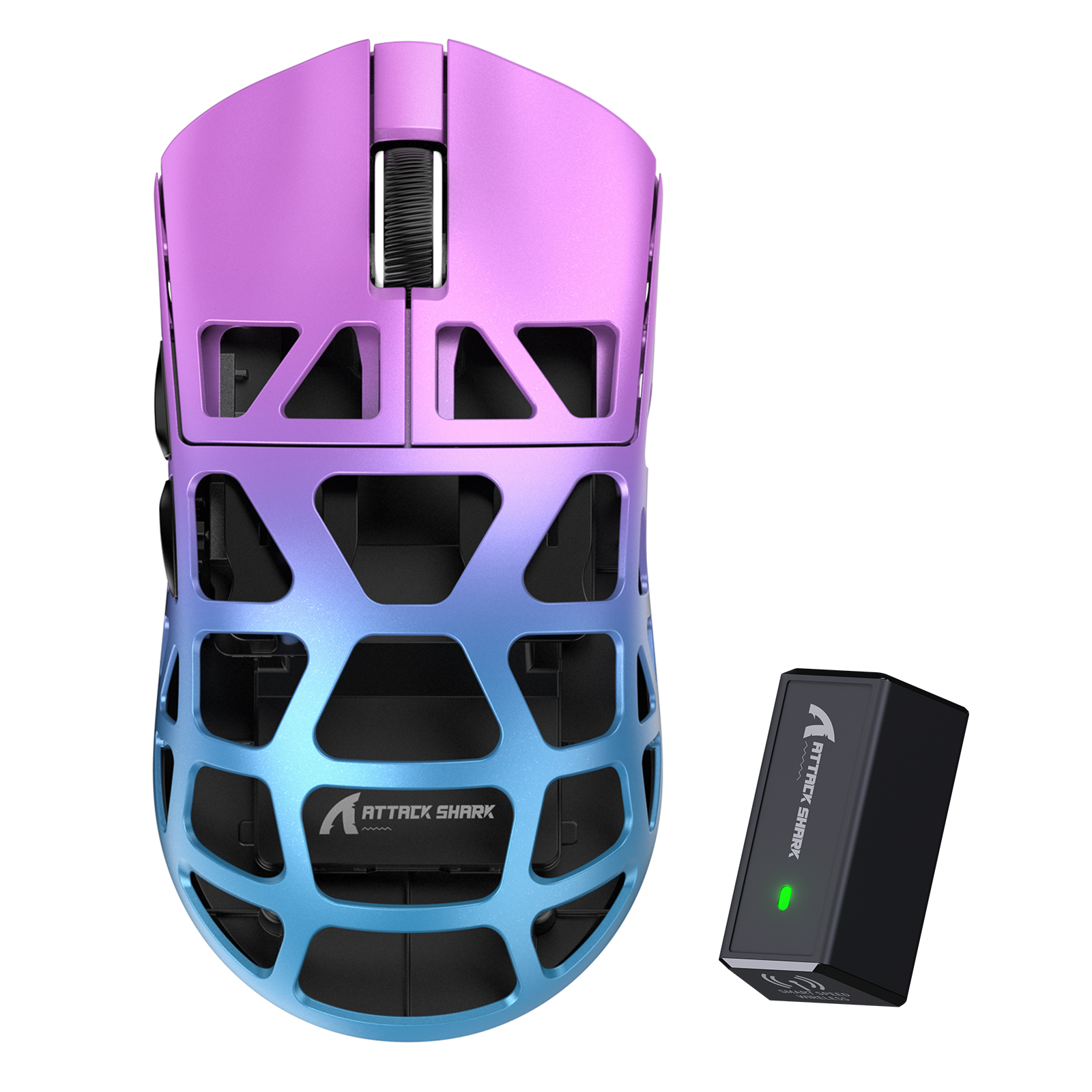 Attack Shark honeycomb wireless gaming mouse in purple and blue with receiver