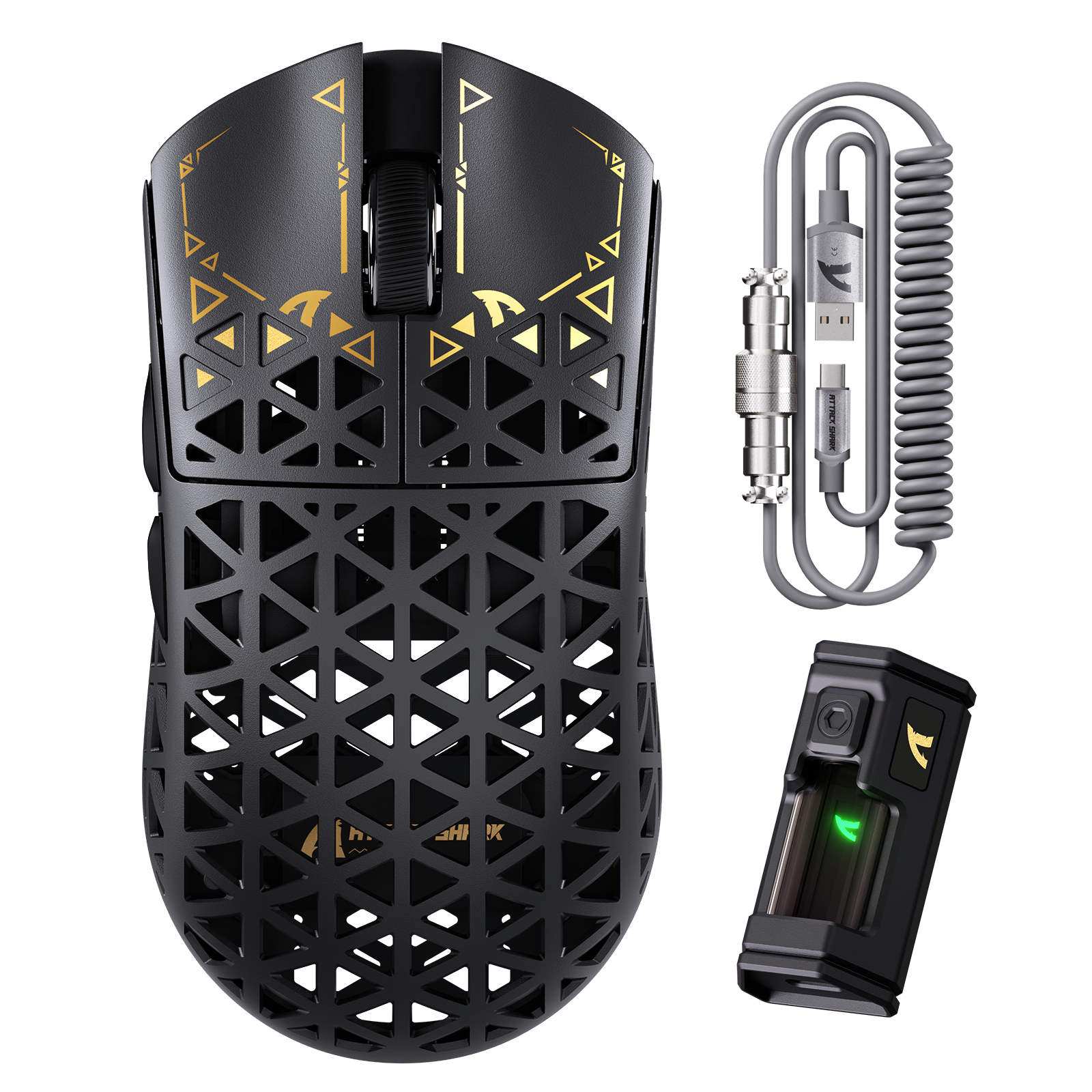 Black Attack Shark wireless gaming mouse with yellow geometric patterns and lattice design, accompanied by coiled charging cable and black battery pack with green LED.