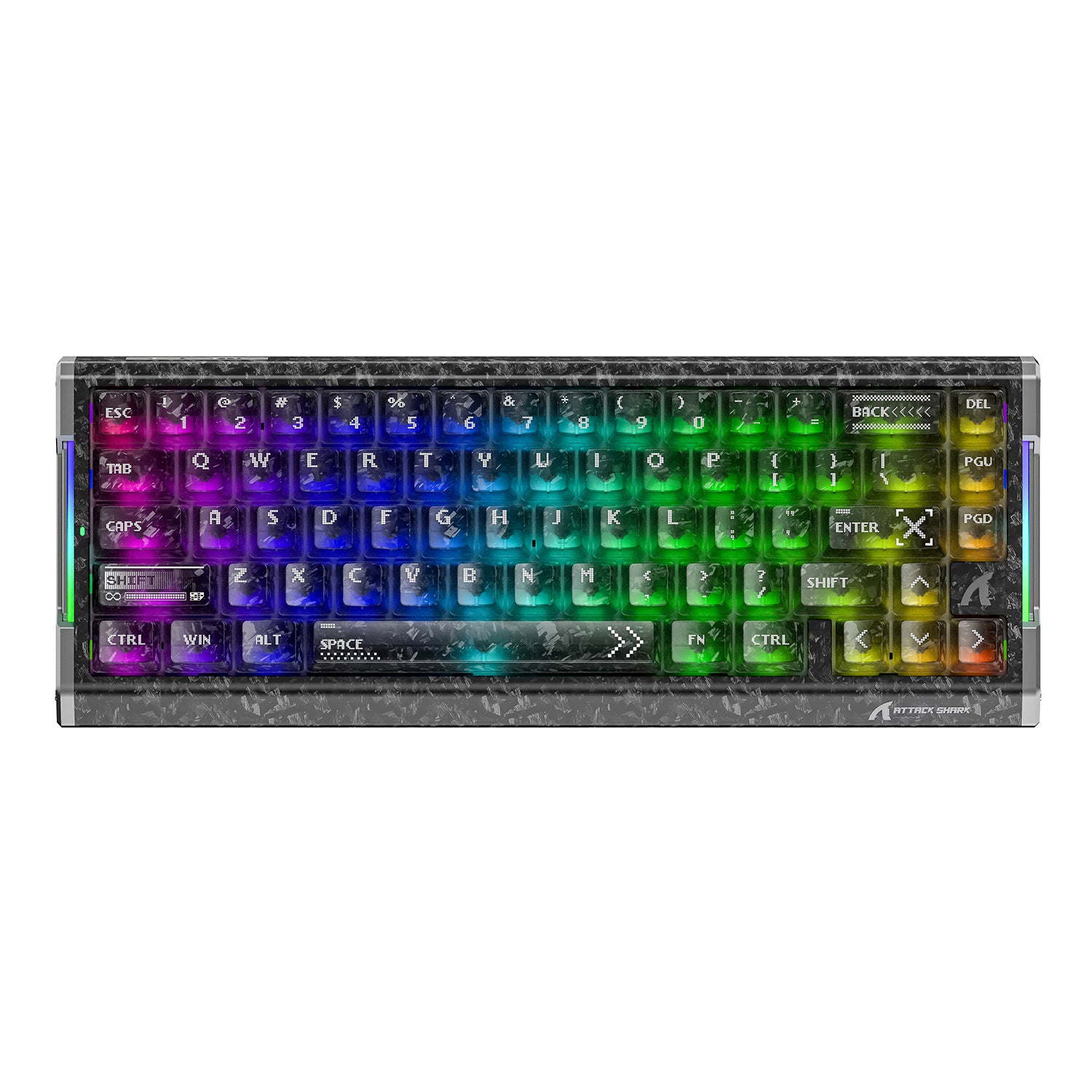 ATTACK SHARK R68 HE Carbon Fiber Rapid Trigger keyboard with rainbow gradient keycaps and RGB lighting.