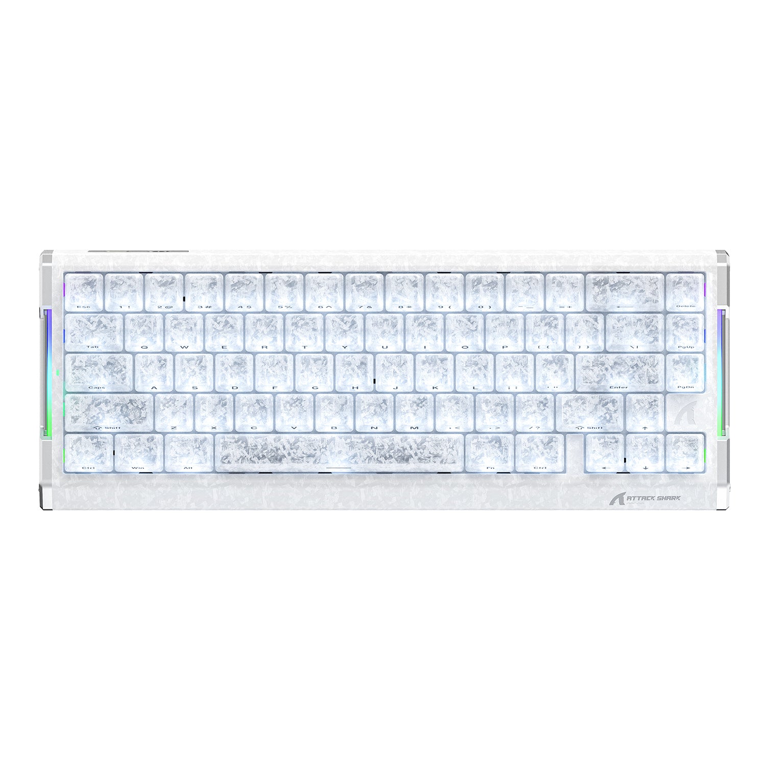 ATTACK SHARK R68 HE white carbon fiber rapid trigger keyboard with ice pattern keycaps.