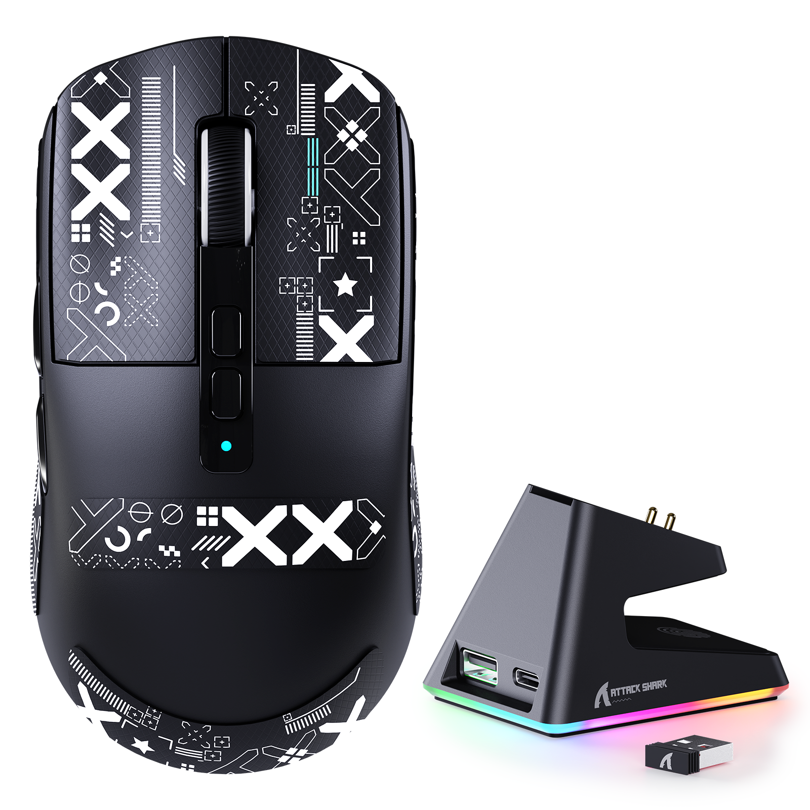 ATTACK SHARK X6 wireless gaming mouse on magnetic charging dock with RGB lighting