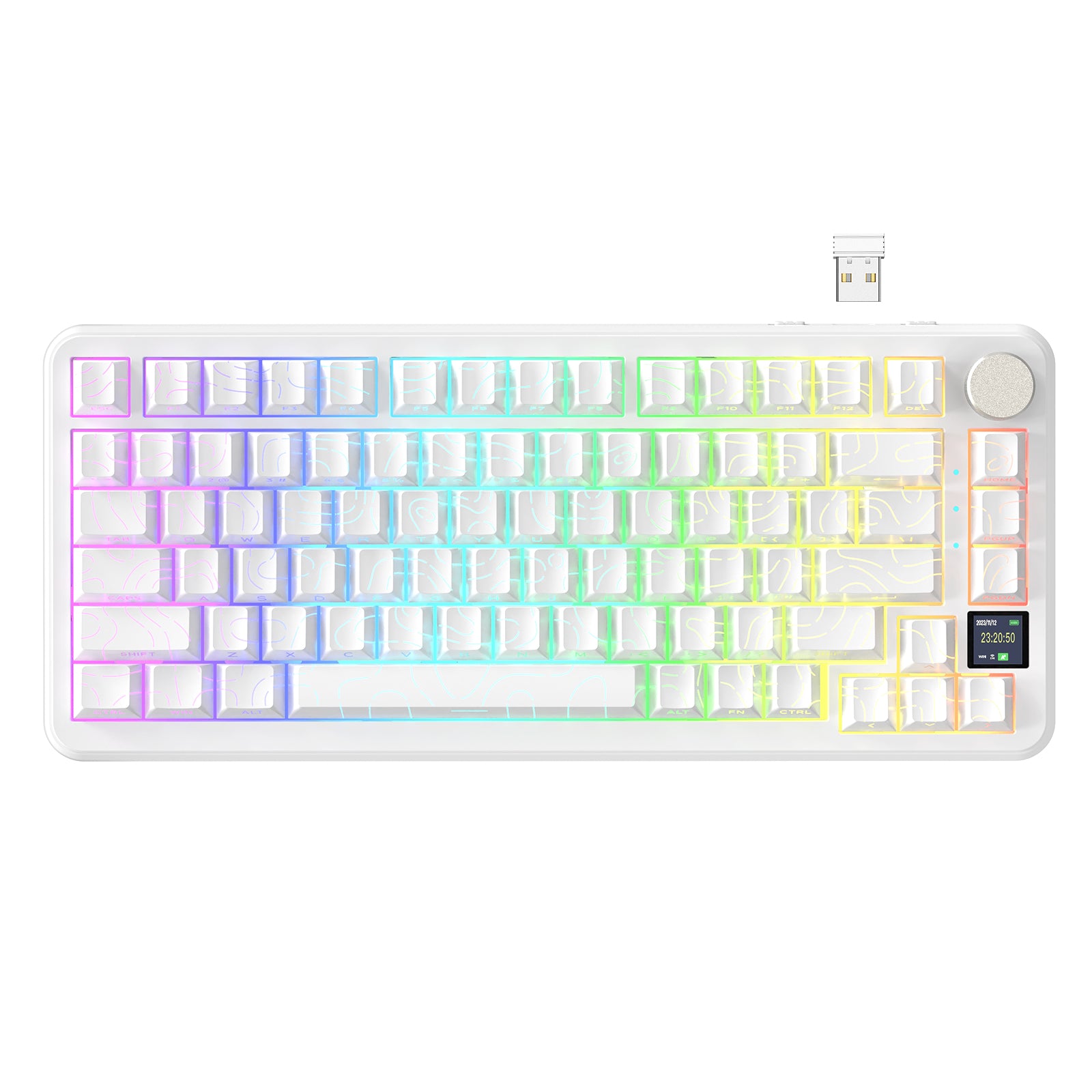 ATTACK SHARK X85PRO white mechanical keyboard with RGB lighting, display screen showing time and connectivity status.