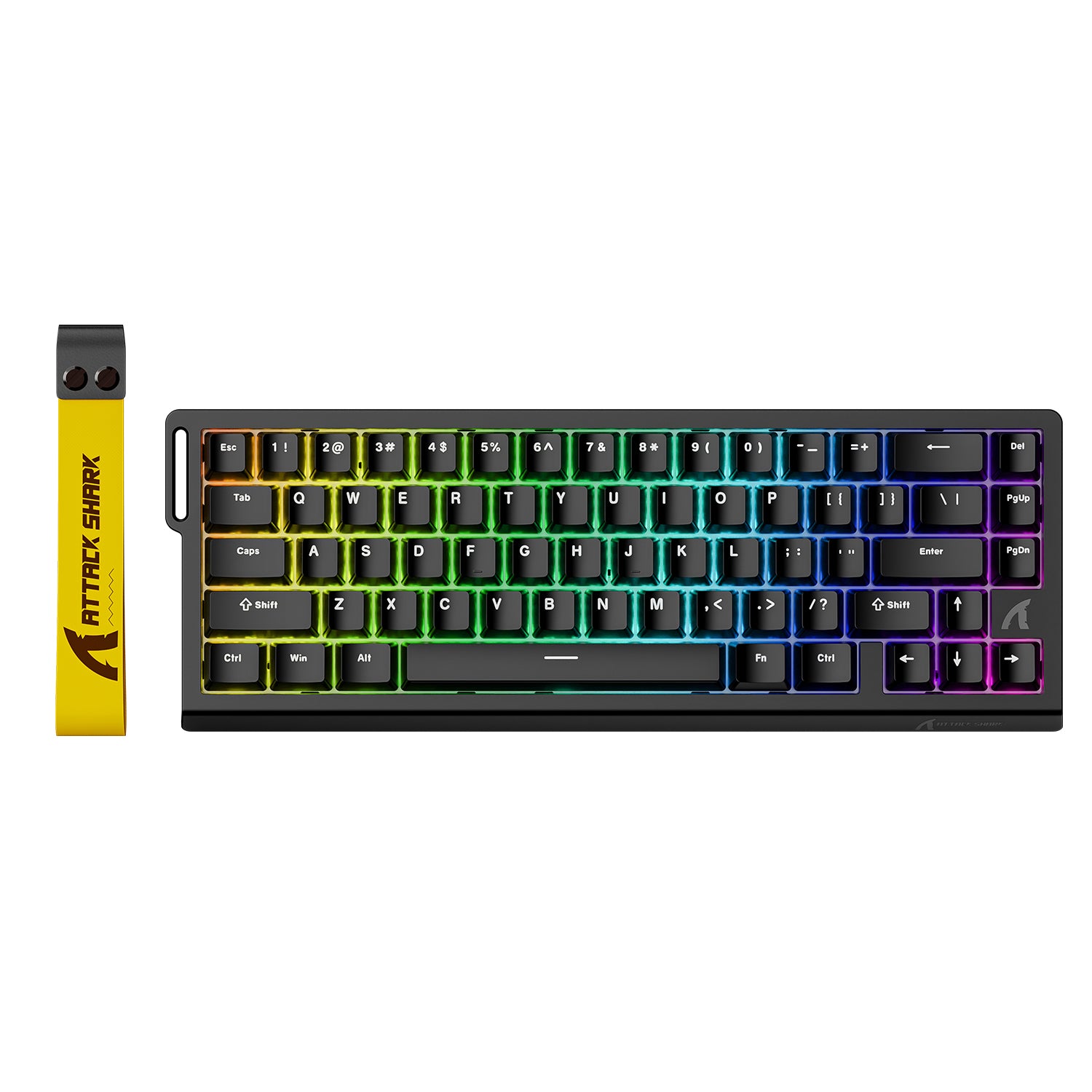 ATTACK SHARK X68 HE keyboard with RGB backlighting, detachable wrist strap, and brand logo