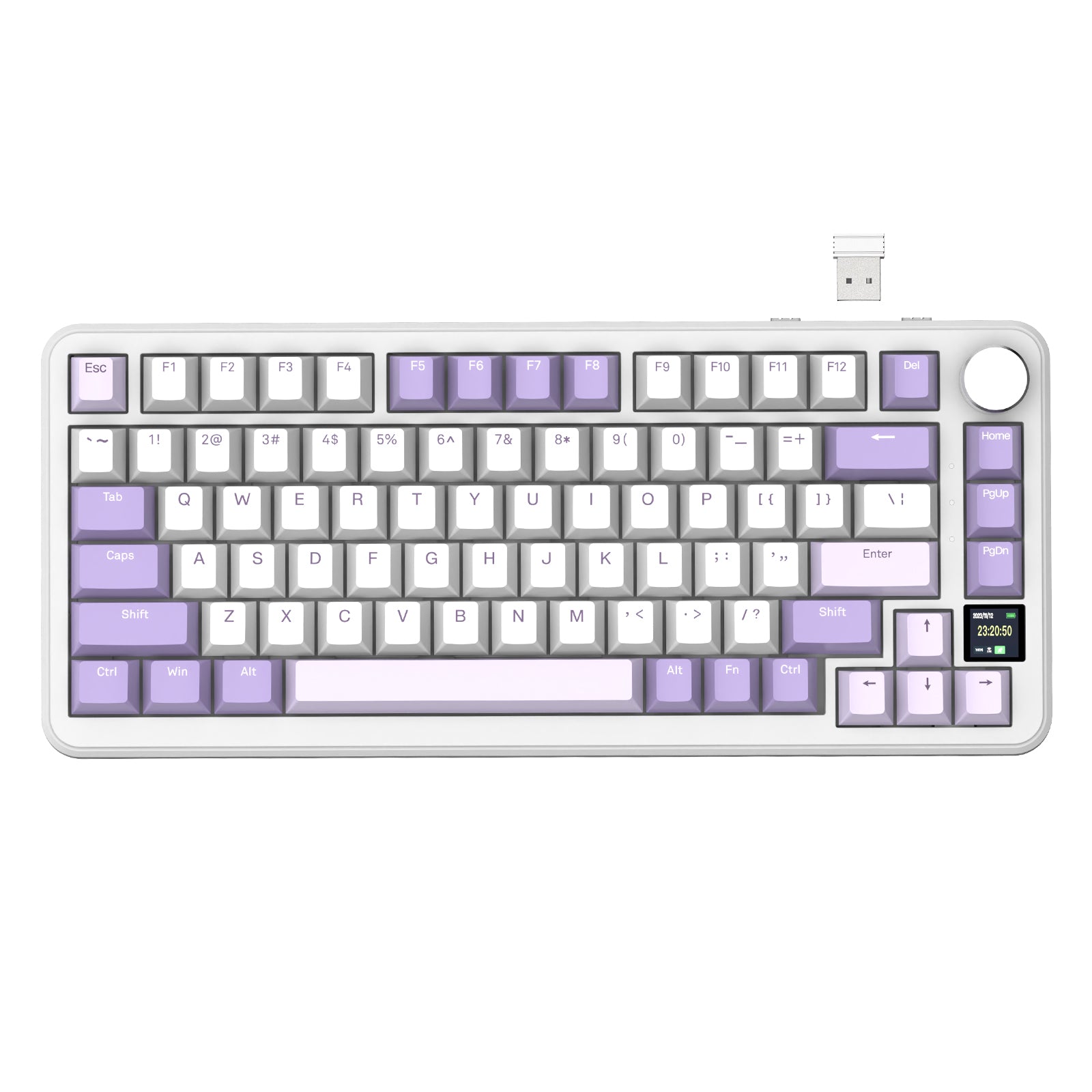 Attack Shark X85PRO keyboard with purple-white keycaps and TFT smart display.