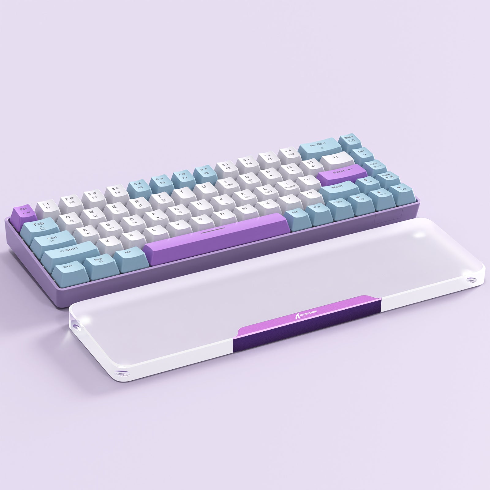 Purple and blue mechanical keyboard with translucent acrylic wrist rest.