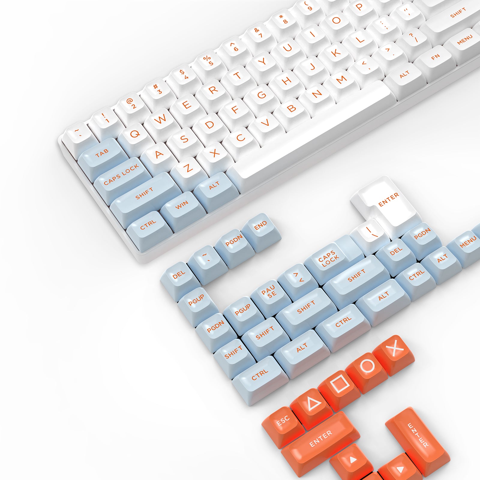 Light blue and white PBT keycaps set with orange Enter key for mechanical keyboards.