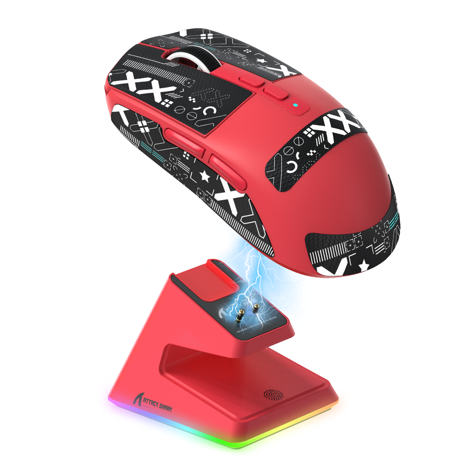 Red Attack Shark X6 ultra-light gaming mouse above RGB charging dock with vibrant design.