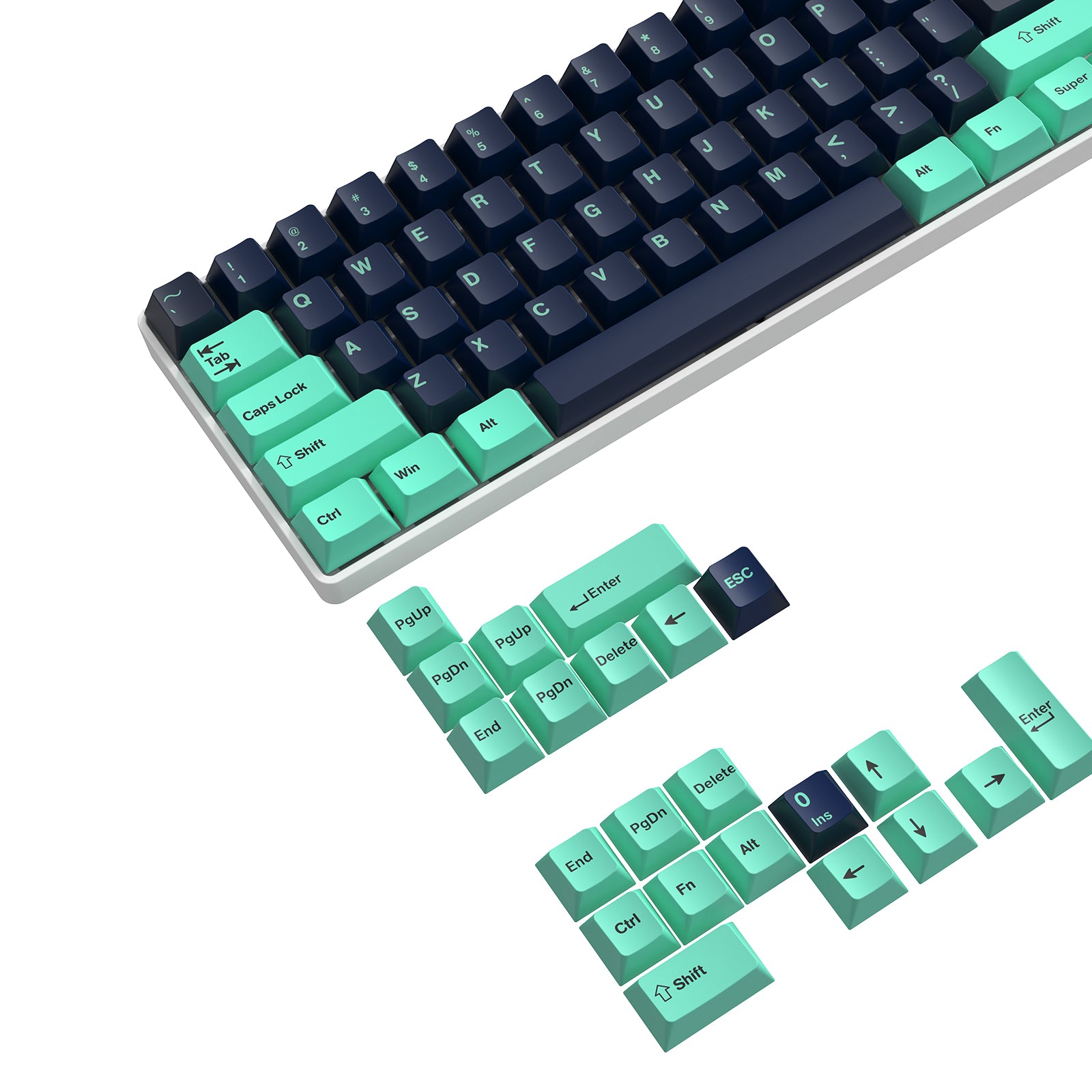 Aqua and navy blue PBT keycap set for mechanical keyboards with ANSI layout.