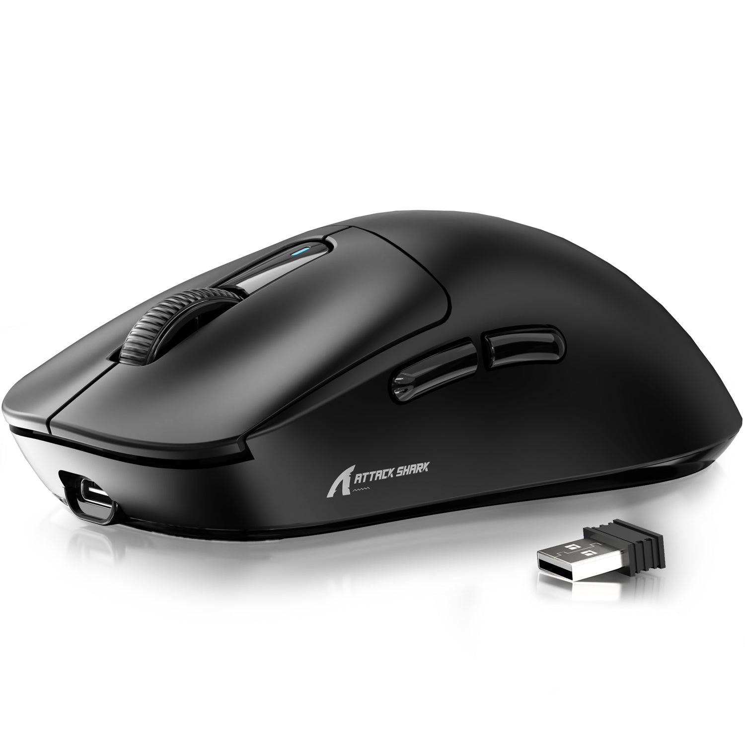 Black Attack Shark X3 wireless gaming mouse with USB receiver showcasing ergonomic style.