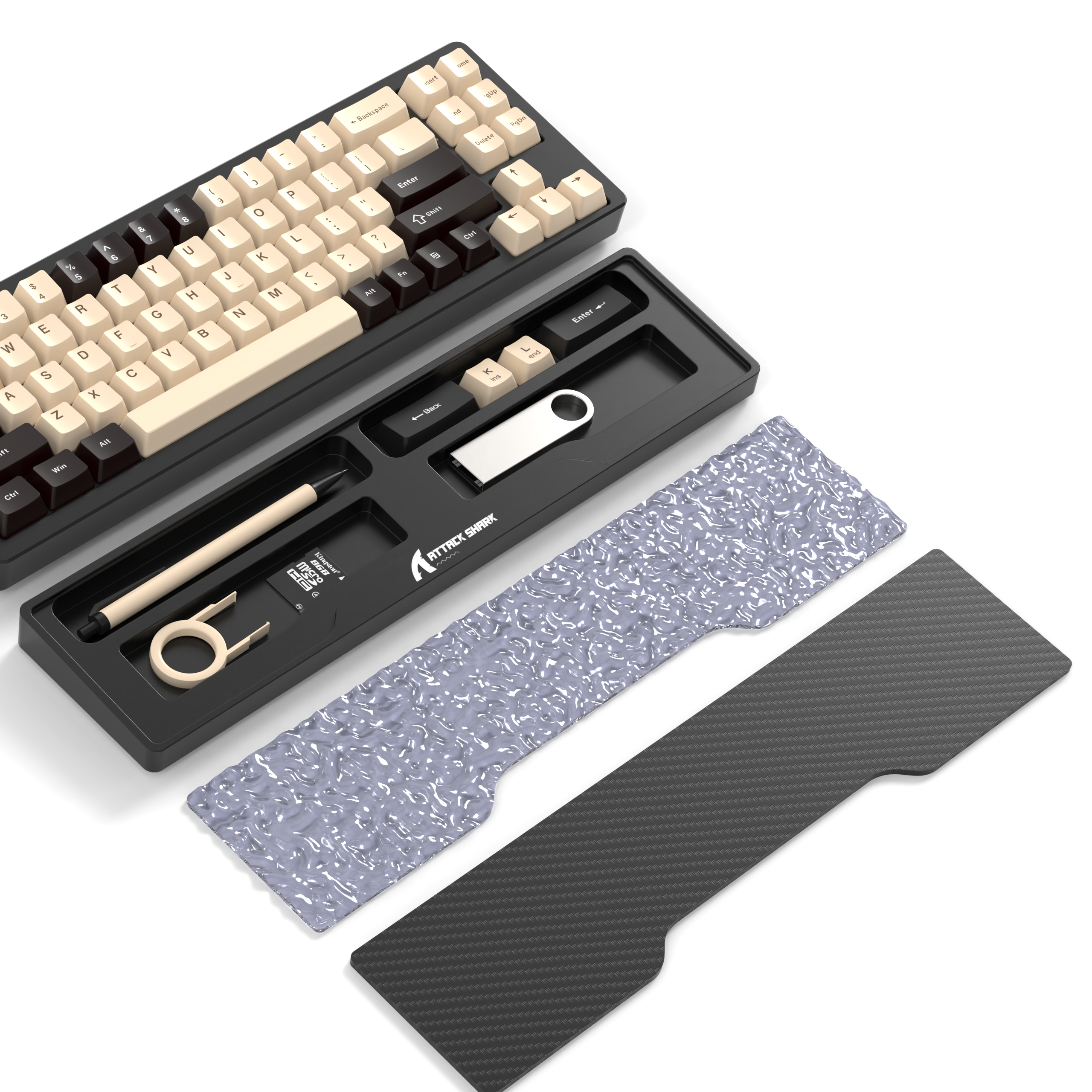 Attack Shark keyboard with accessories, storage tray, and interchangeable covers