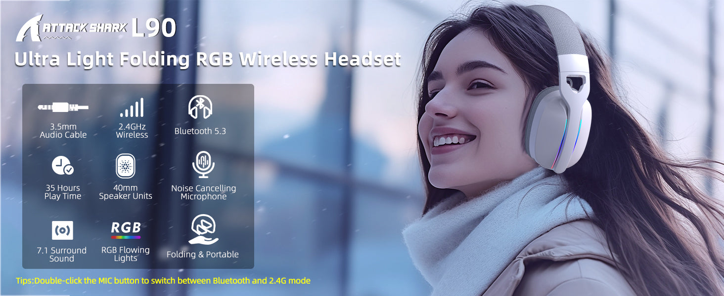 ATTACK SHARK L90 Foldable RGB Ultra-Light Tri-Mode Gaming Headset
