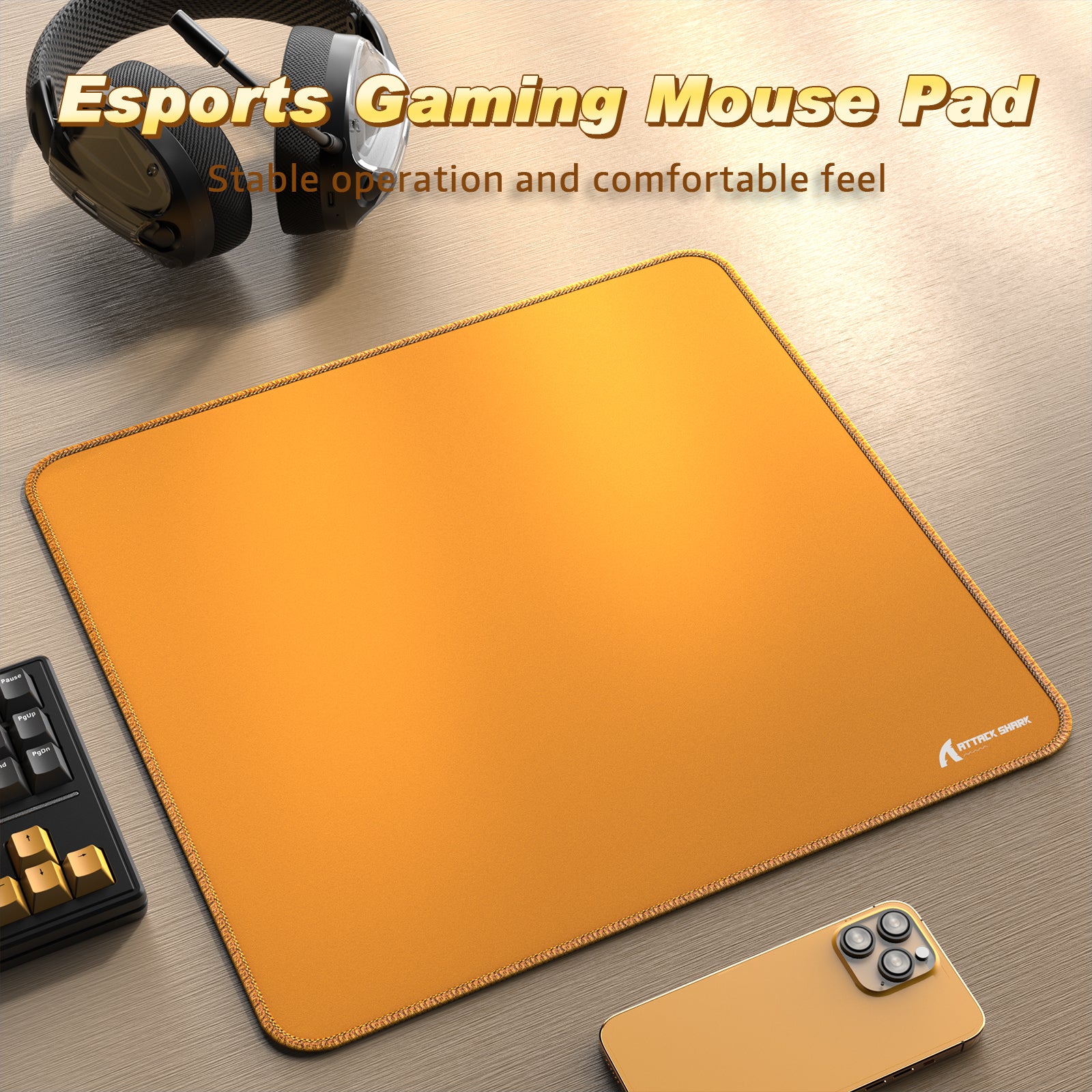 Orange esports gaming mouse pad with stitched edges for comfort and stability.