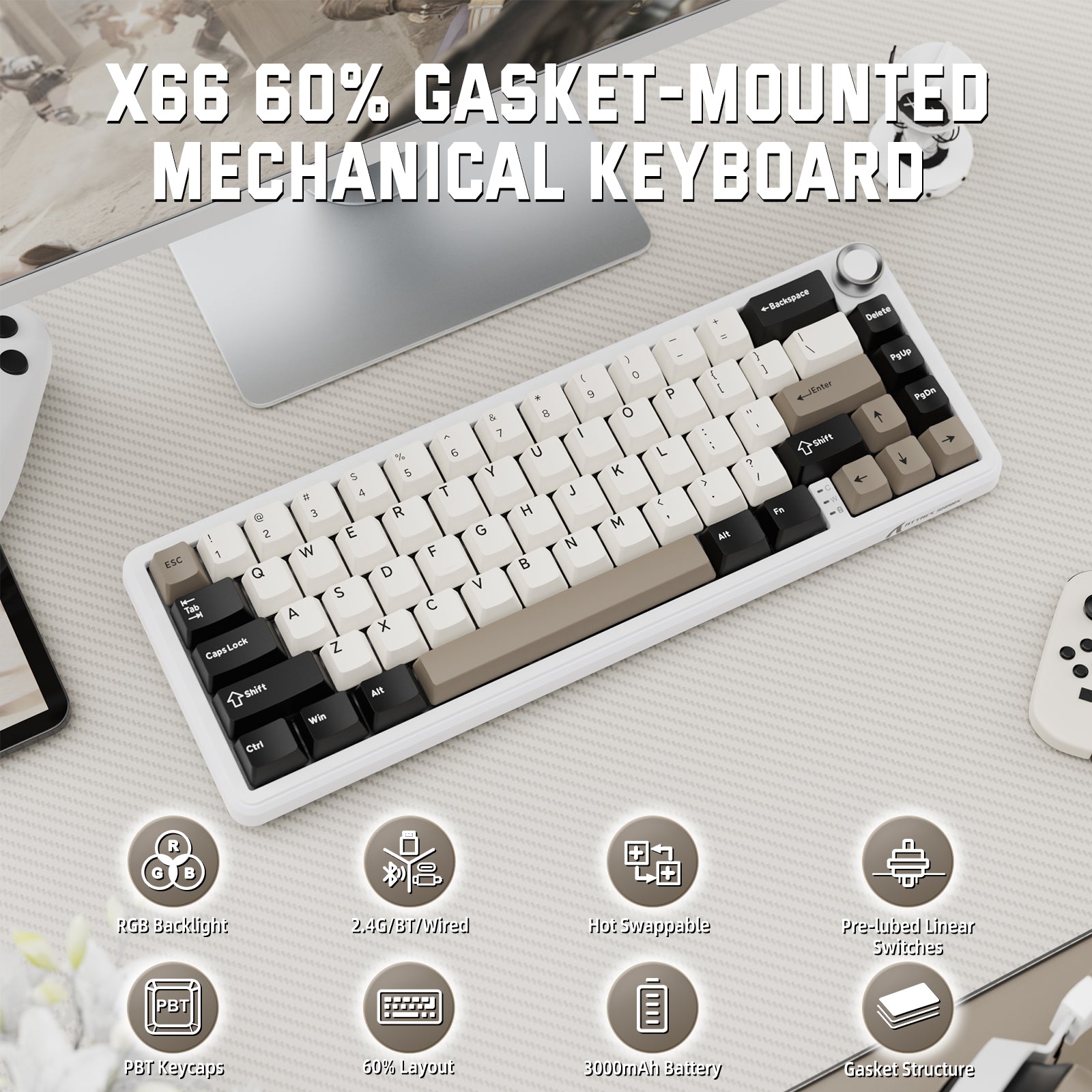 ATTACK SHARK X66 Wireless Mechanical Keyboard with Side Printed PBT Keycaps