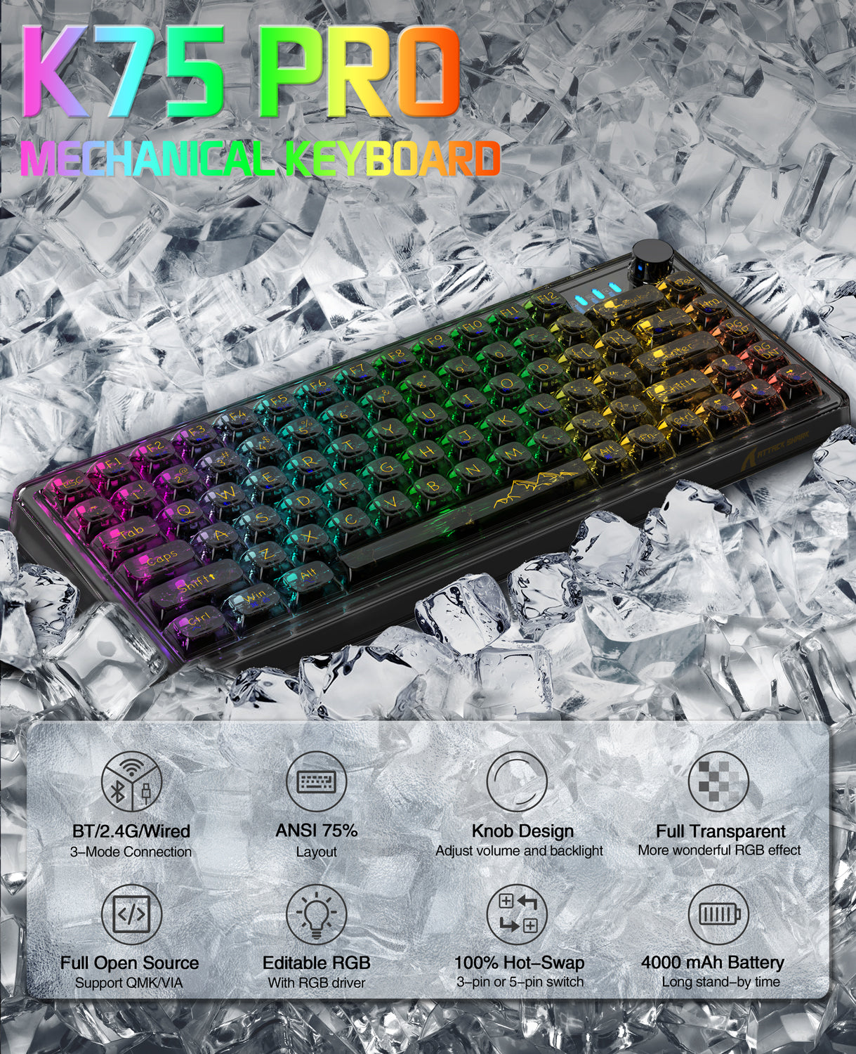 ATTACK SHARK K75 Pro Transparent Mechanical Keyboard