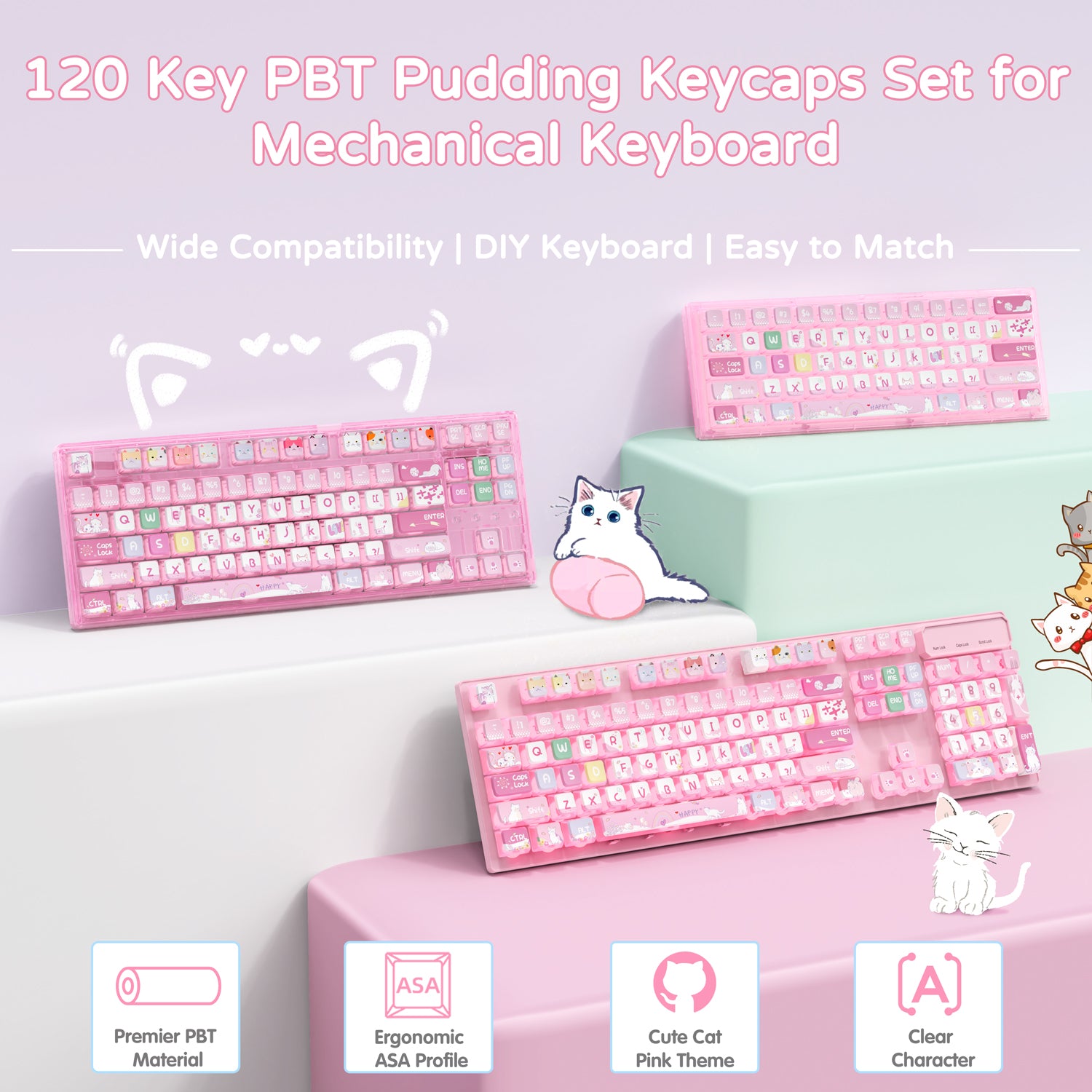 Pink kawaii keycaps set for mechanical keyboards with cute cat designs