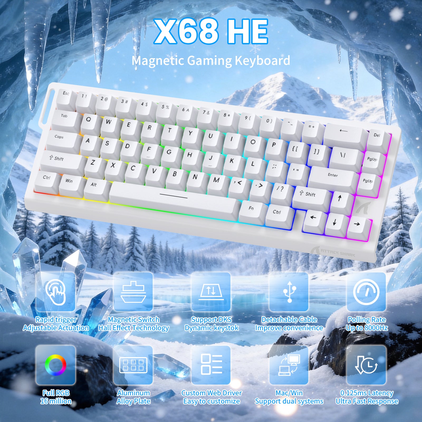 ATTACK SHARK X68 HE Rapid Trigger Keyboard Magnetic Switch with C01PRO Coiled Cable