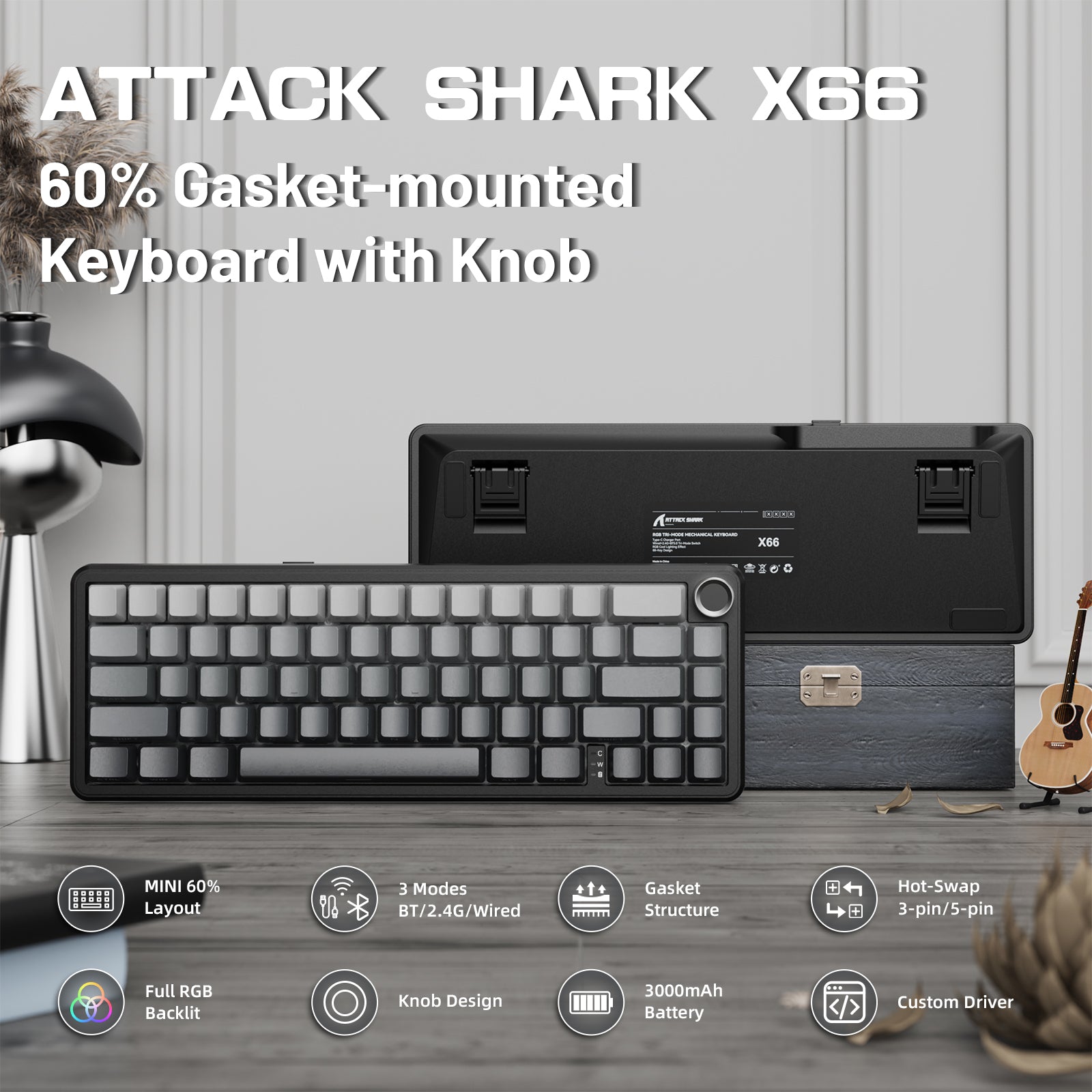 ATTACK SHARK X66 Wireless Mechanical Keyboard with 8K Coiled Cable