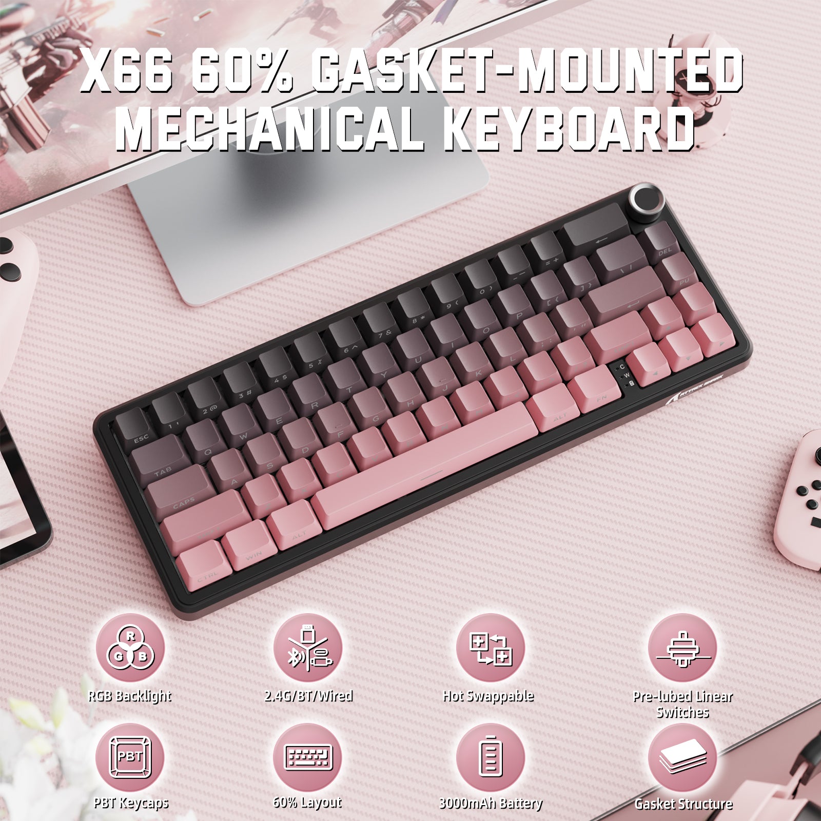 ATTACK SHARK X66 Wireless Mechanical Keyboard with Side Printed PBT Keycaps