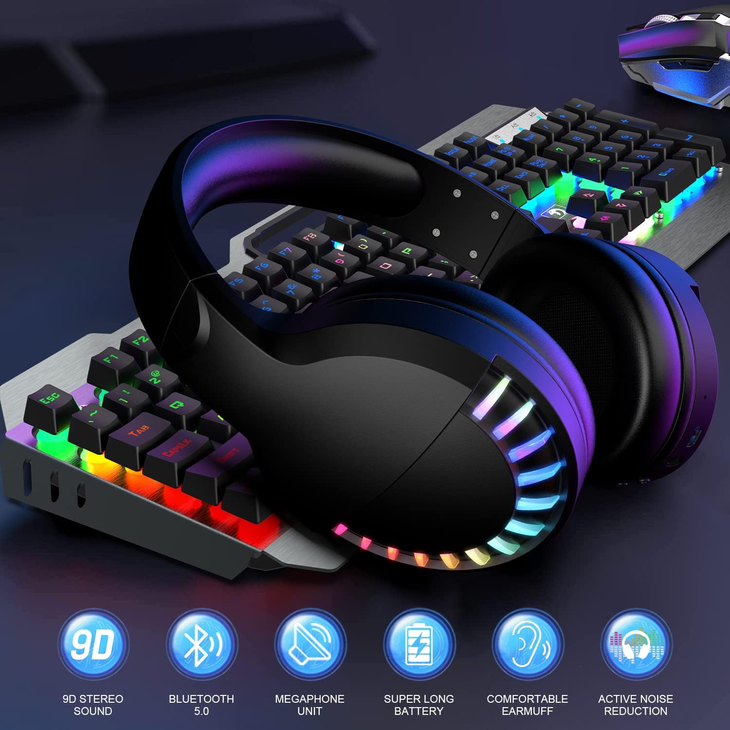 Wireless Bluetooth headset with dynamic RGB lighting and ergonomic design